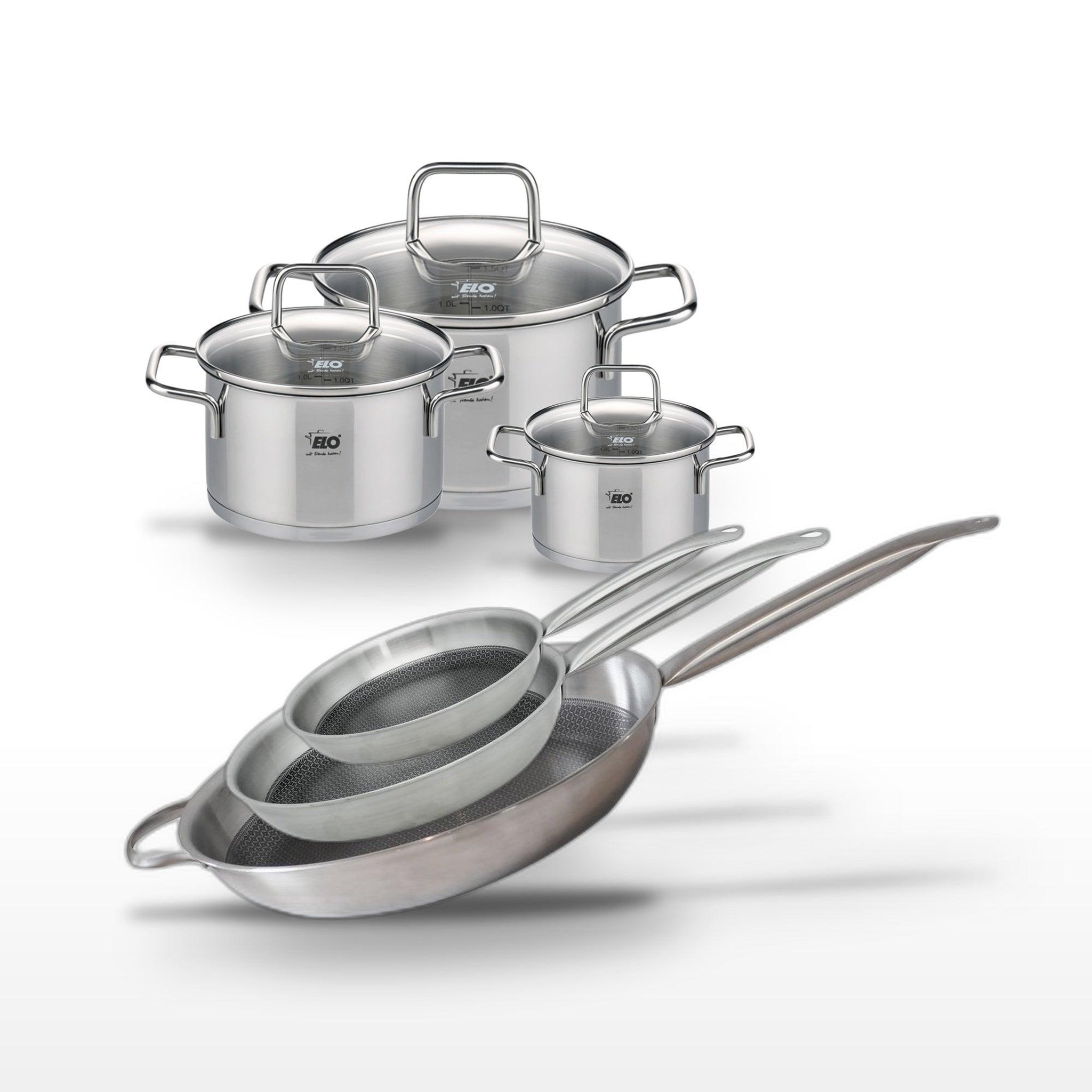 ELO Batterie de cuisine avec 3 poêles 24/28/32 cm et 3 faitouts 12/16/20 cm en inox sans pfas elo collection relief solution citrin