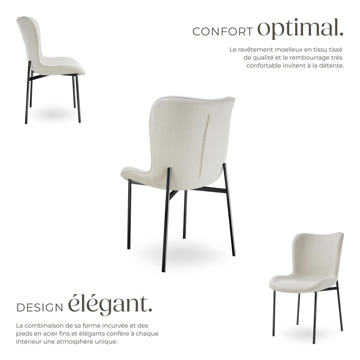 tectake Chaise rembourrée forme ergonomique avec dossier haut Tissu blanc cassé/noir Lot de 2