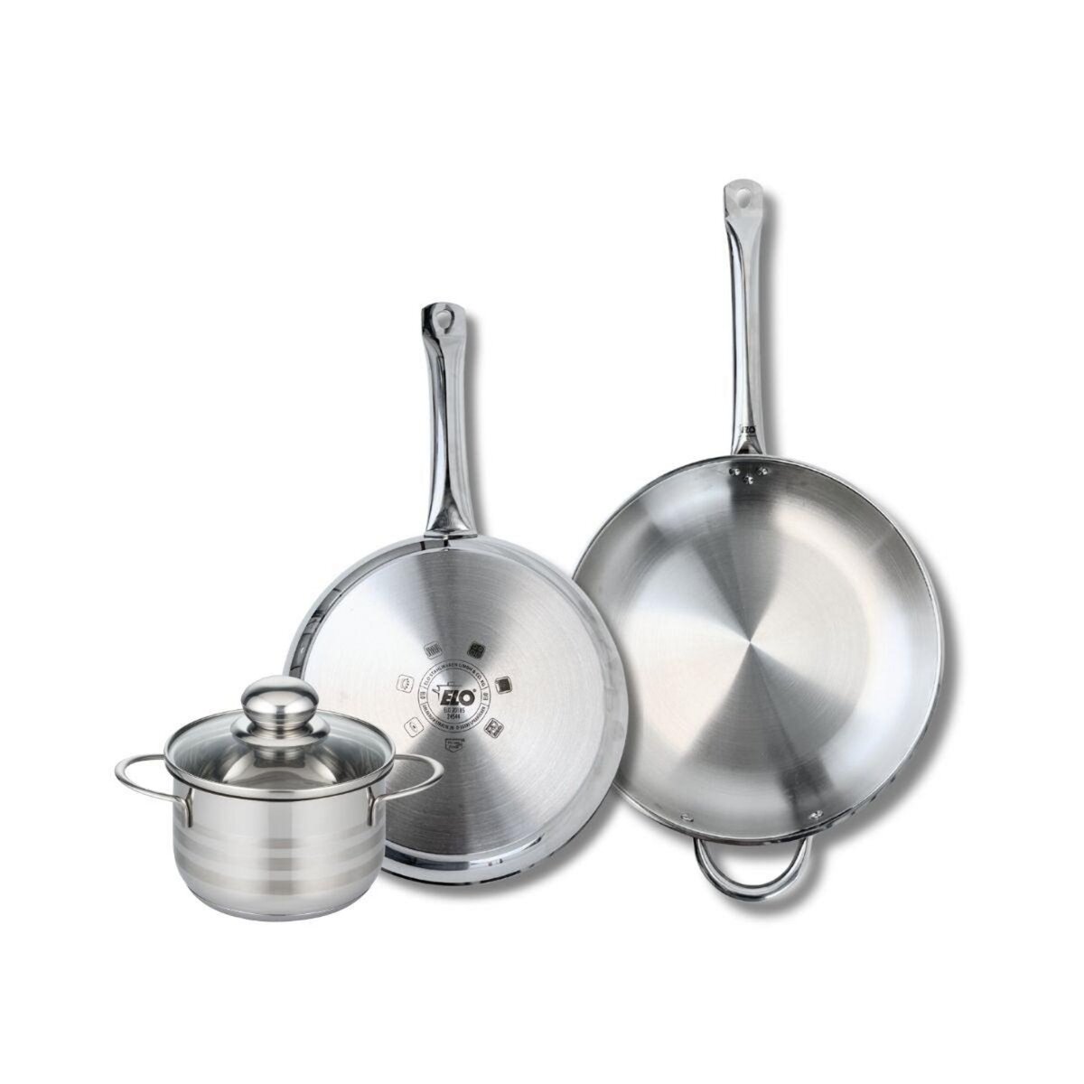 ELO Ensemble de 2 Poêles de cuisson 28 et 32 cm et 1 faitout 16 cm Elo Profi Brillant