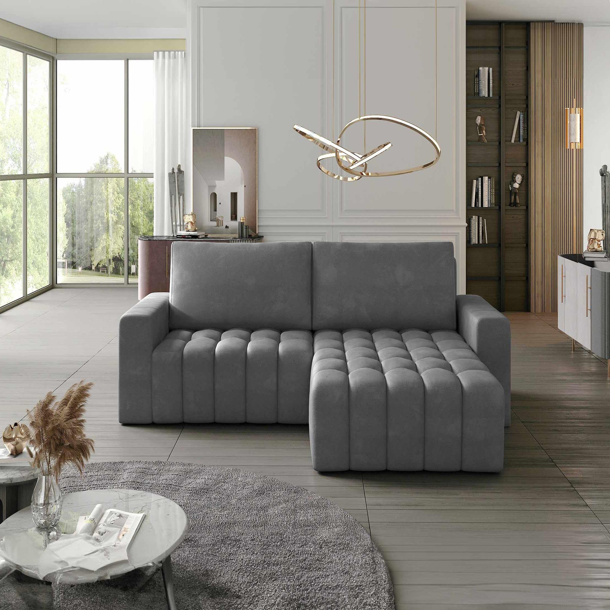 Voir la diapositive 1 : BEST MOBILIER Cordova - canapé d'angle droit 4 places convertible avec coffre en velours