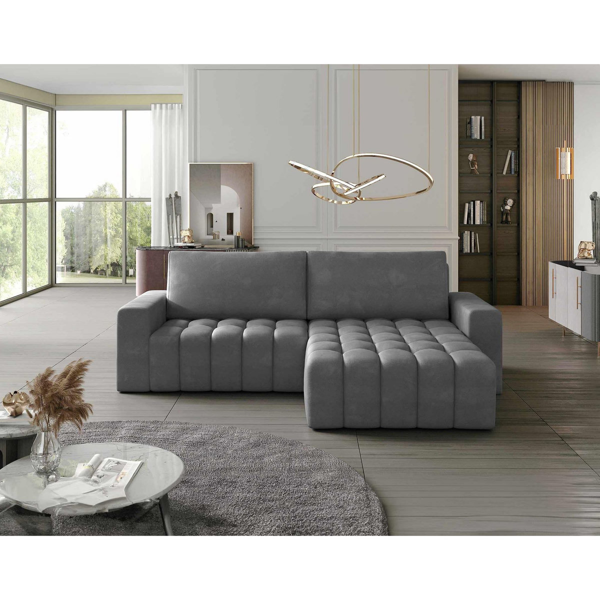 BEST MOBILIER Cordova - canapé d'angle droit 4 places convertible avec coffre en velours