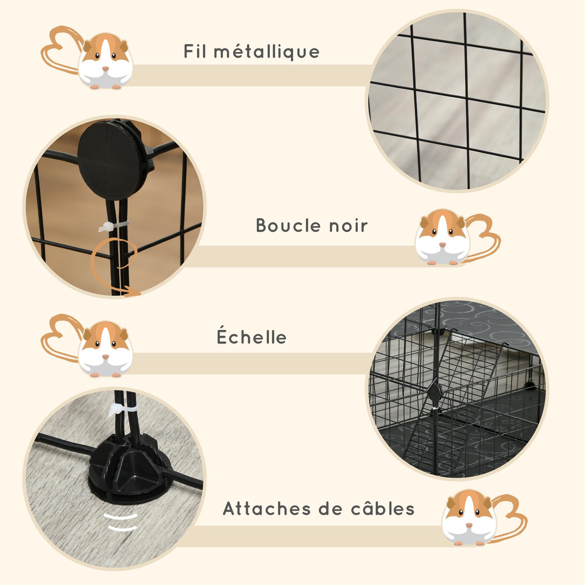Voir la diapositive 6 : PAWHUT Cage parc enclos rongeurs modulable dim. L 175 x l 105 x h 70 cm 2 niveaux 2 portes rampe résine pp fil métallique noir