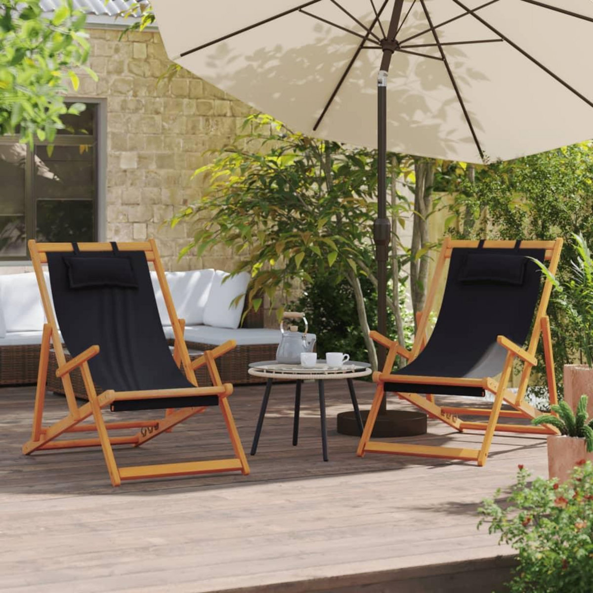 VIDAXL Chaises de plage pliables lot de 2 noir tissu