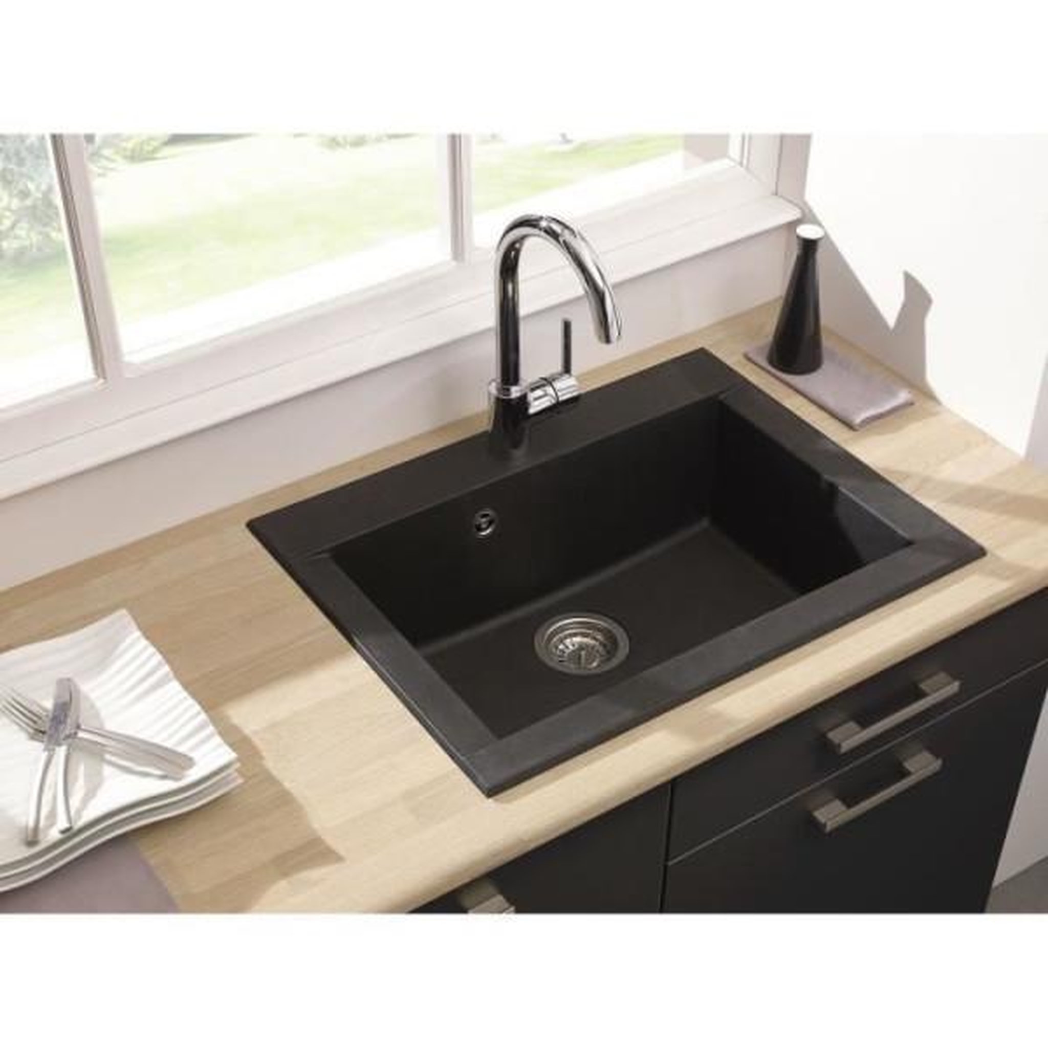 Voir la diapositive 2 : STRADOUR STRADOUR Evier cuisine a encastrer 1 bac sans egouttoir Hexo - Resine - 66 x 50 cm - Noir