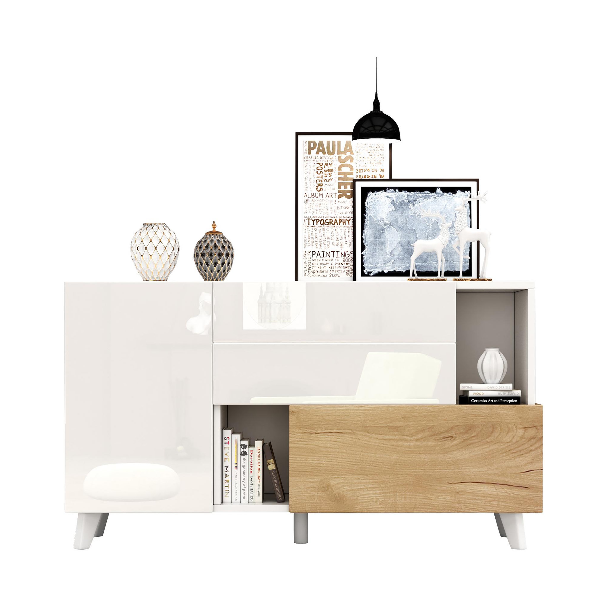 MERAX Buffet 2 porte(s) 2 tiroir(s) - 130 cm blanc+naturel panneau de particules