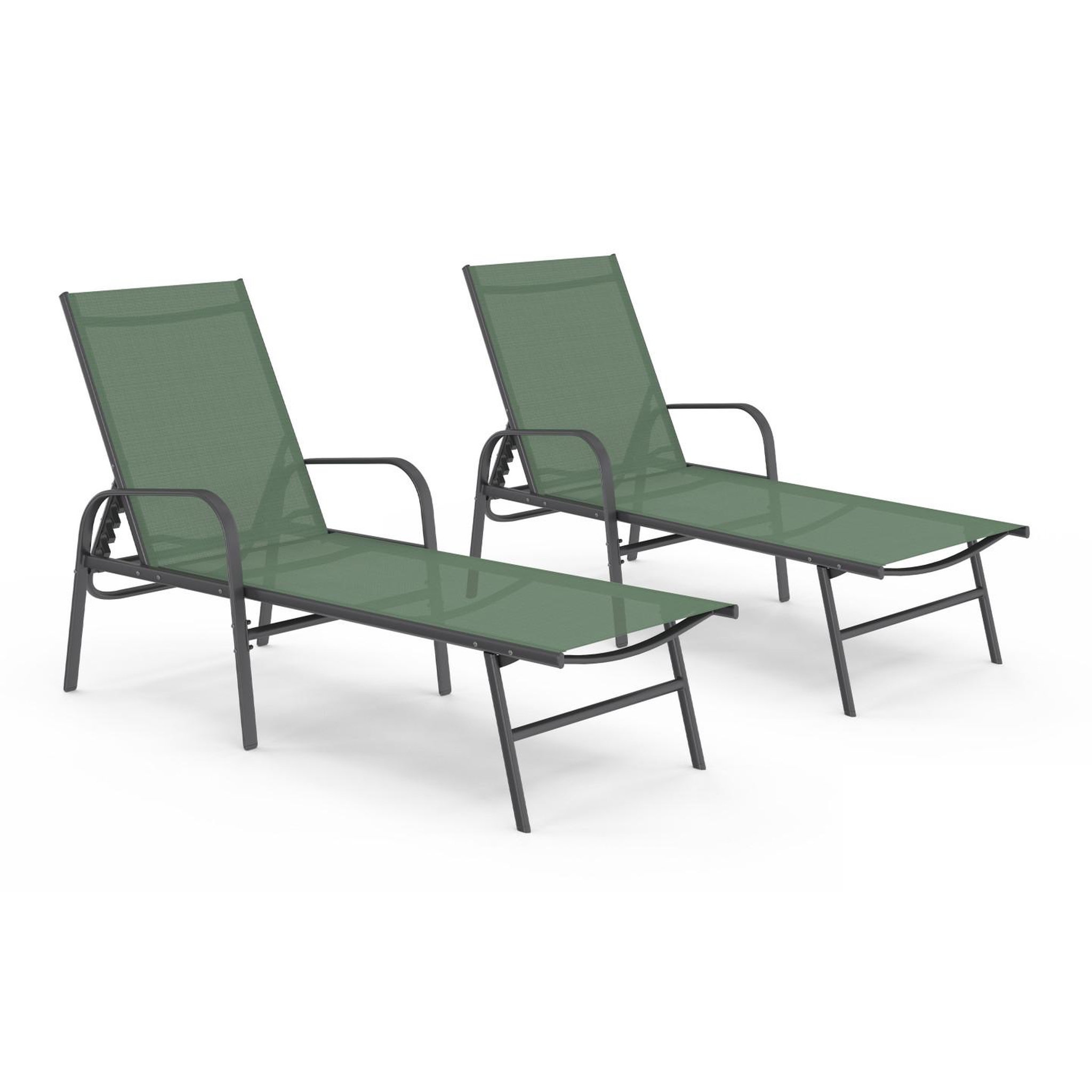 ID MARKET Lot de 2 transats de jardin inclinables FIDJI en acier et toile vert olive