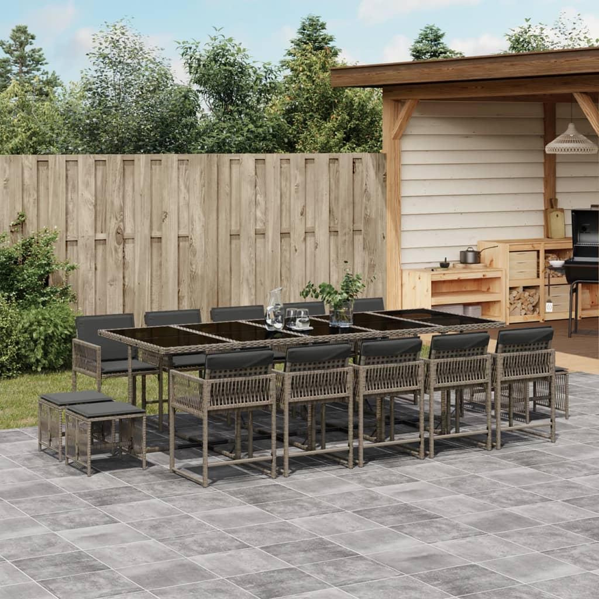 VIDAXL Ensemble a manger de jardin 15 pcs coussins gris resine tressee