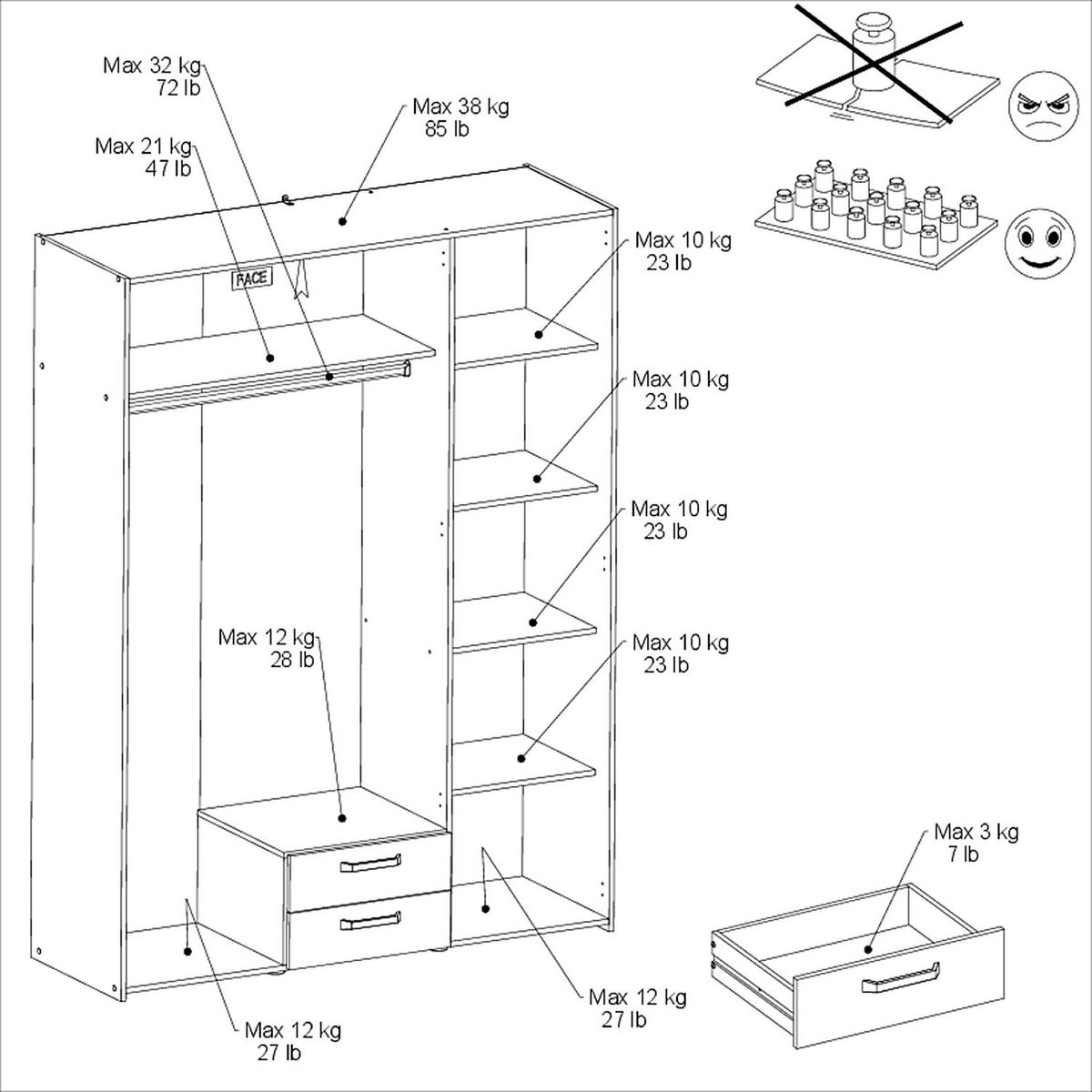 Armoire 3 portes 1 miroir 2 tiroirs SANDRINE