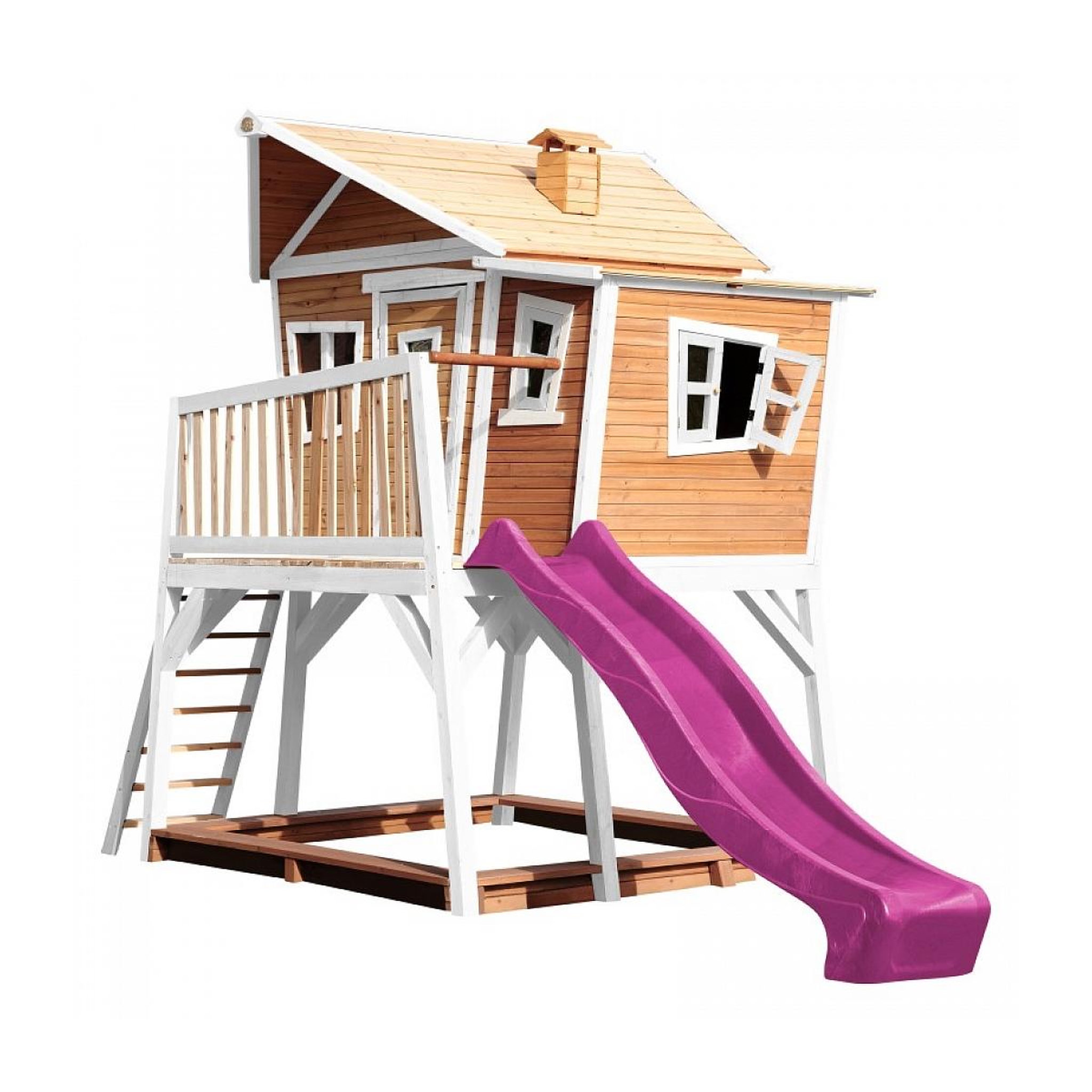Voir la diapositive 2 : Axi House AXI Maisonnette MAX Brun Blanc avec toboggan Violet et bac à sable