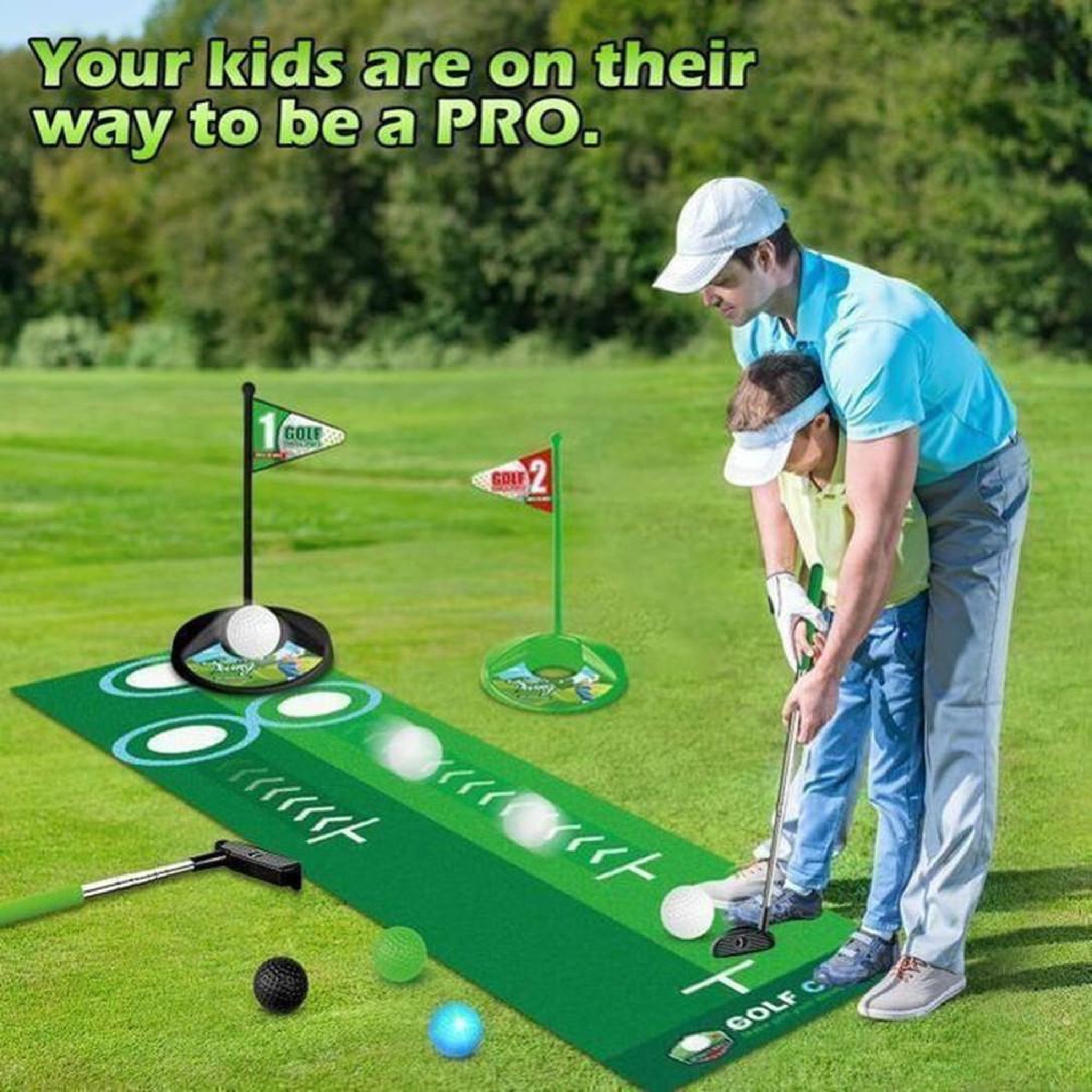 Voir la diapositive 6 : Jeu de golf enfant dinosaures VATOS avec retour automatique de balle, 3 clubs réglables et 6 balles LED
