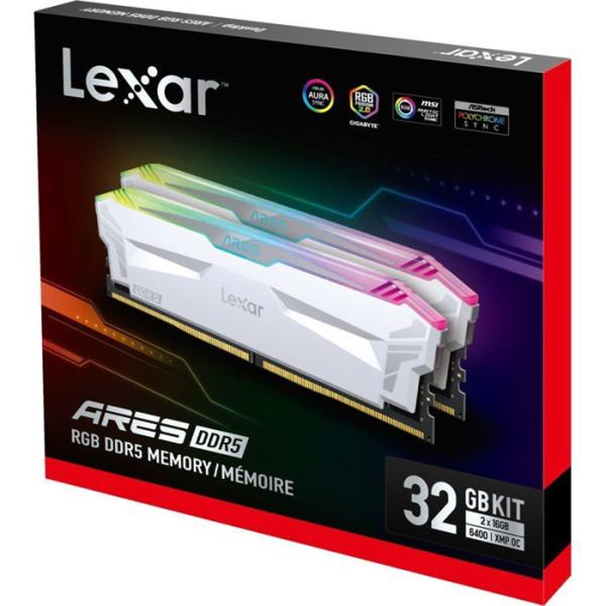 Voir la diapositive 3 : Lexar Barrette Mémoire - LEXAR Ares - DDR5 6400 - CL32 1.4 V - 32 Go (2x 16 Go) - Dissipateur thermique + RGB - Blanc