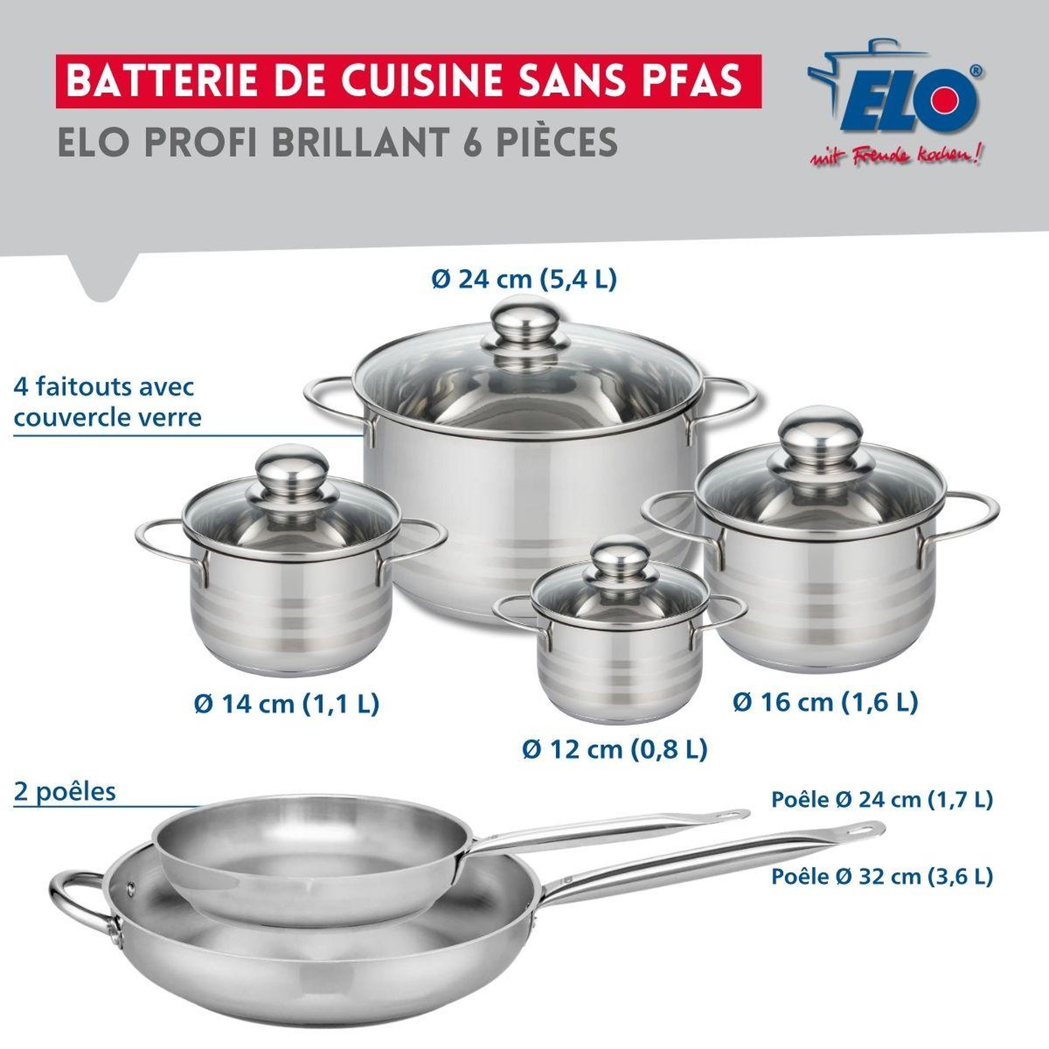 Voir la diapositive 2 : ELO Ensemble de 2 poêles de cuisson 24 et 32 cm et 4 faitouts 12, 14, 16 et 24 cm elo profi brillant
