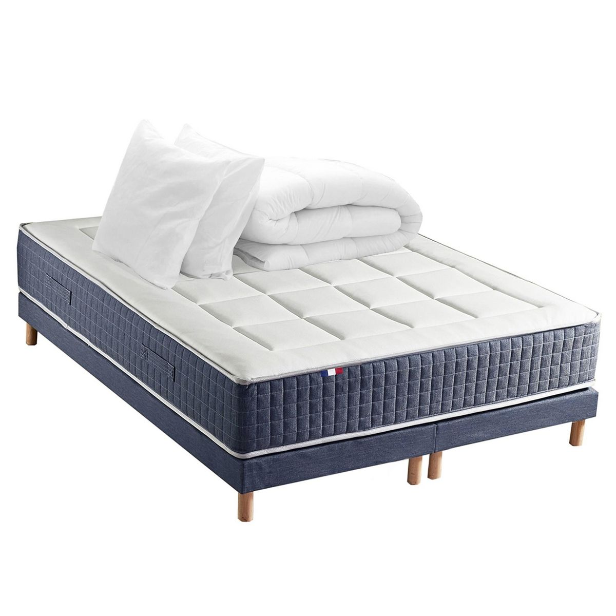 IDLITERIE Ensemble Matelas Ressort 7 zones + Mémoire de forme + Sommier KING STYLE + couette + oreillers - Fabriqué en France