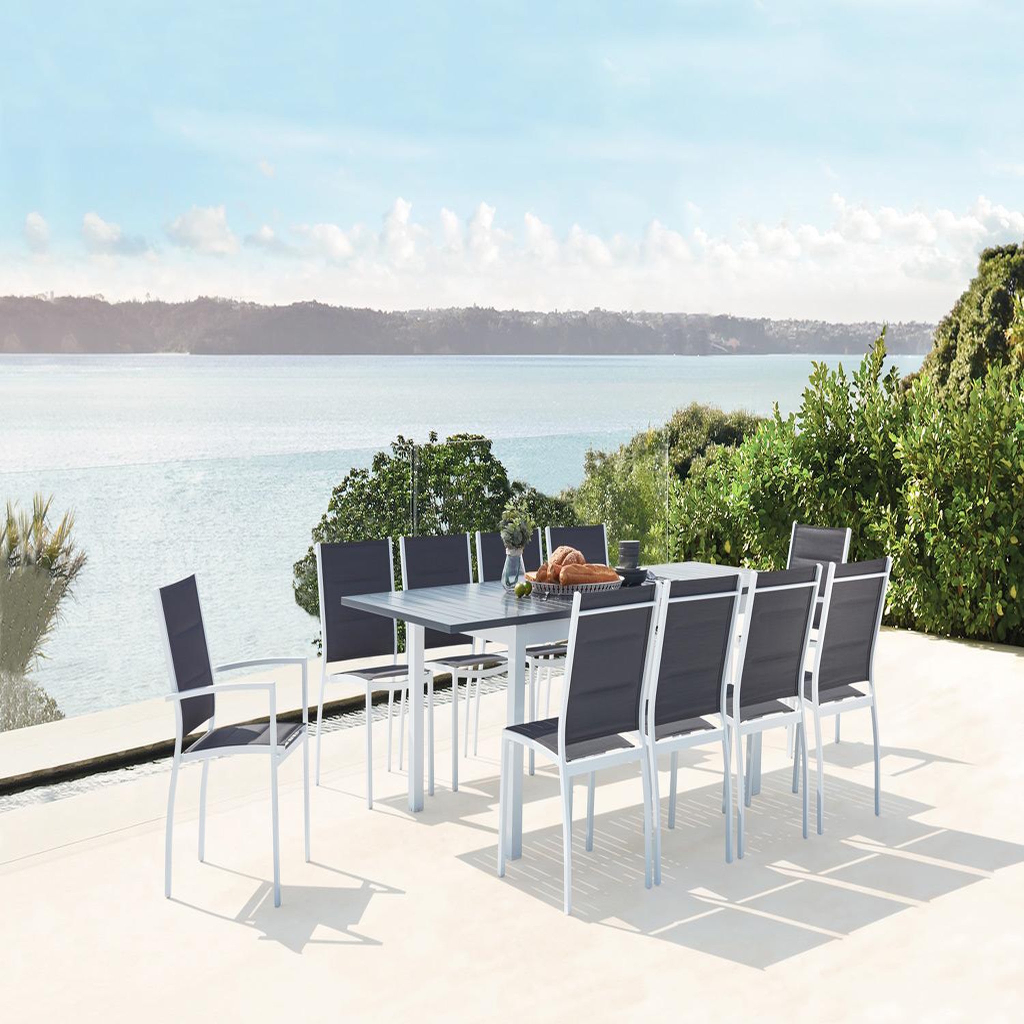Voir la diapositive 2 : CONCEPT USINE Table de jardin extensible et 10 chaises alu-toile pvc blanc arezzo