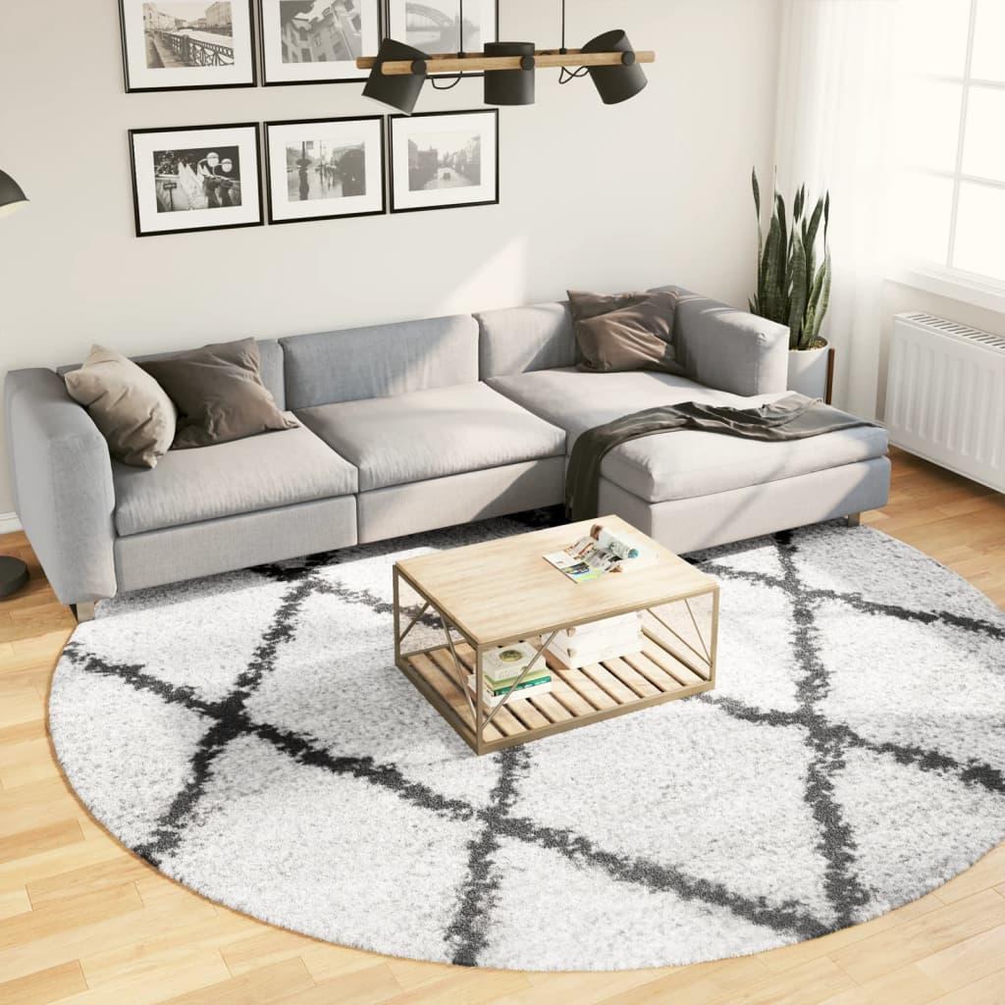VIDAXL Tapis shaggy a poils longs moderne creme et noir Ø 280 cm