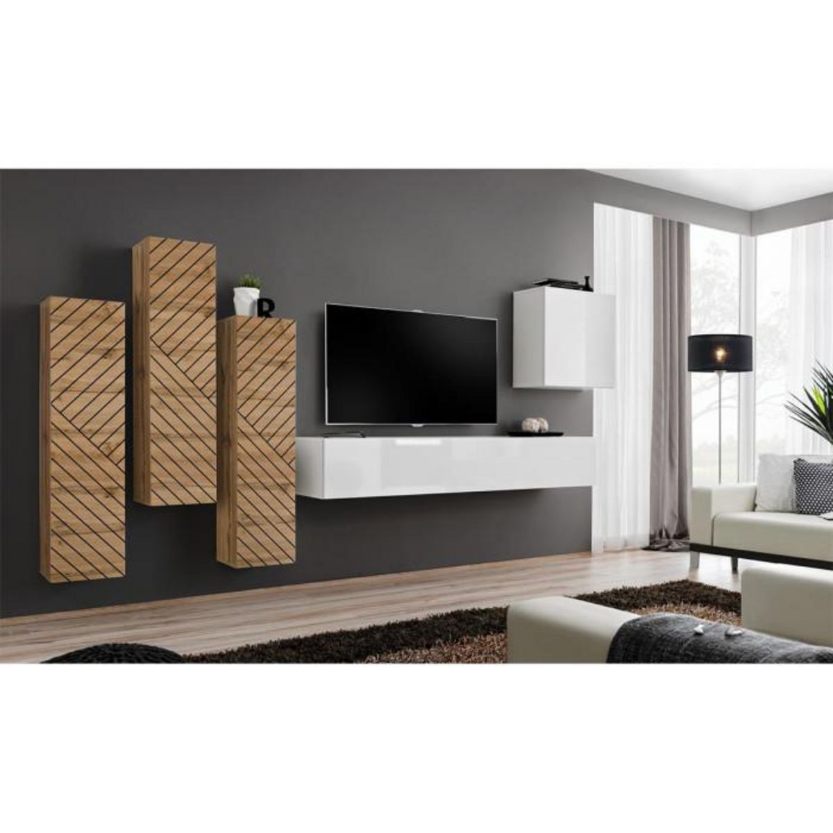 Paris Prix Ensemble Meuble TV  Switch Lamel III  330cm Blanc & Naturel