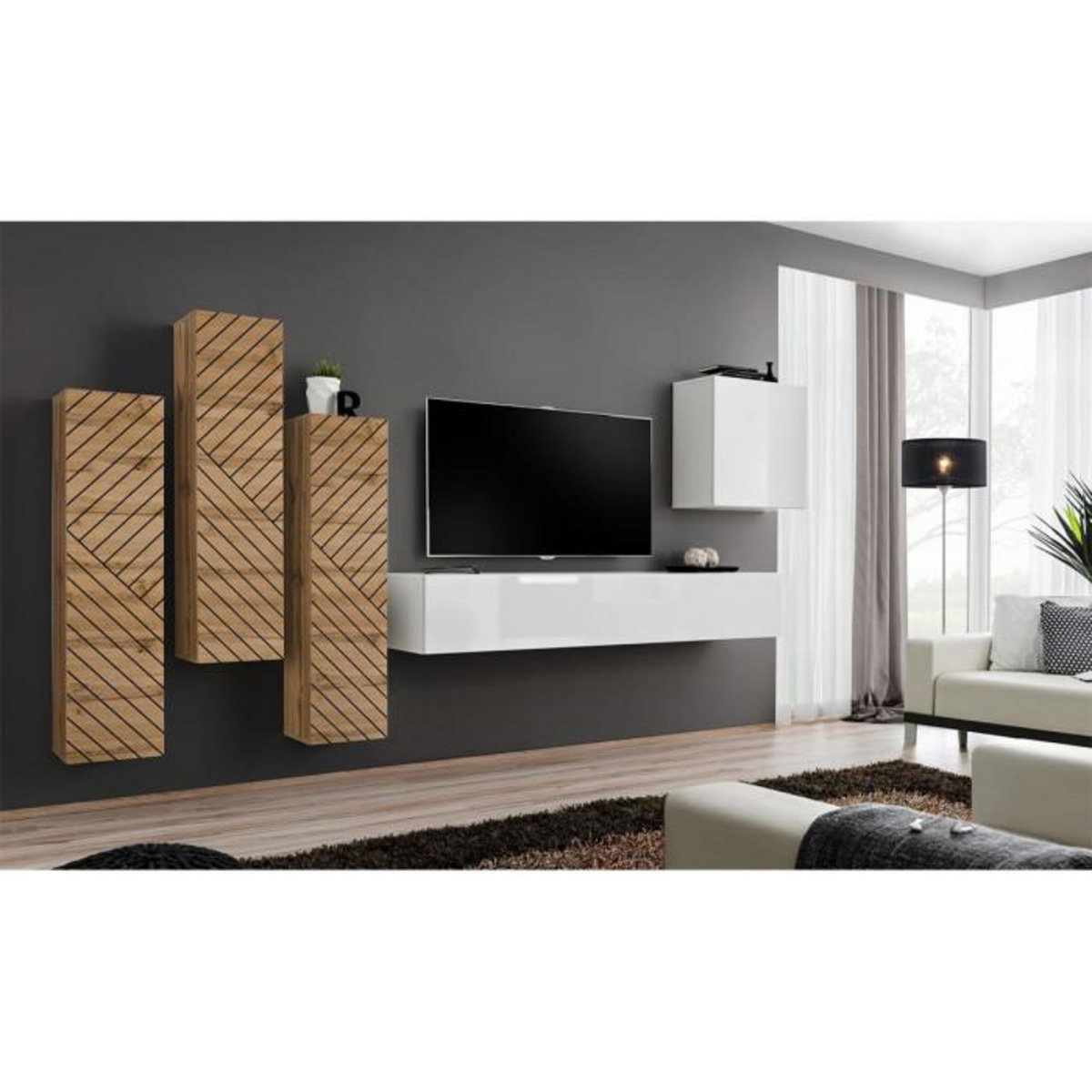 Paris Prix Ensemble Meuble TV  Switch Lamel III  330cm Blanc & Naturel
