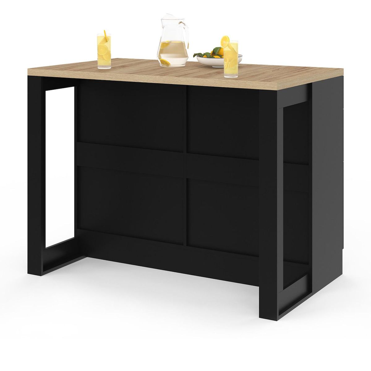 ID MARKET Ilot central mange-debout ORSO 120 cm casserolier 6 tiroirs noir et plateau bois