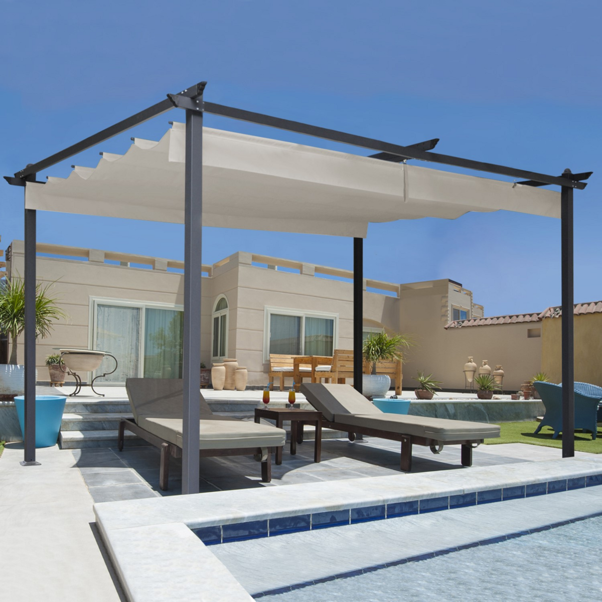 ID MARKET Pergola toit rétractable 4 pieds 3x4 M tonnelle taupe