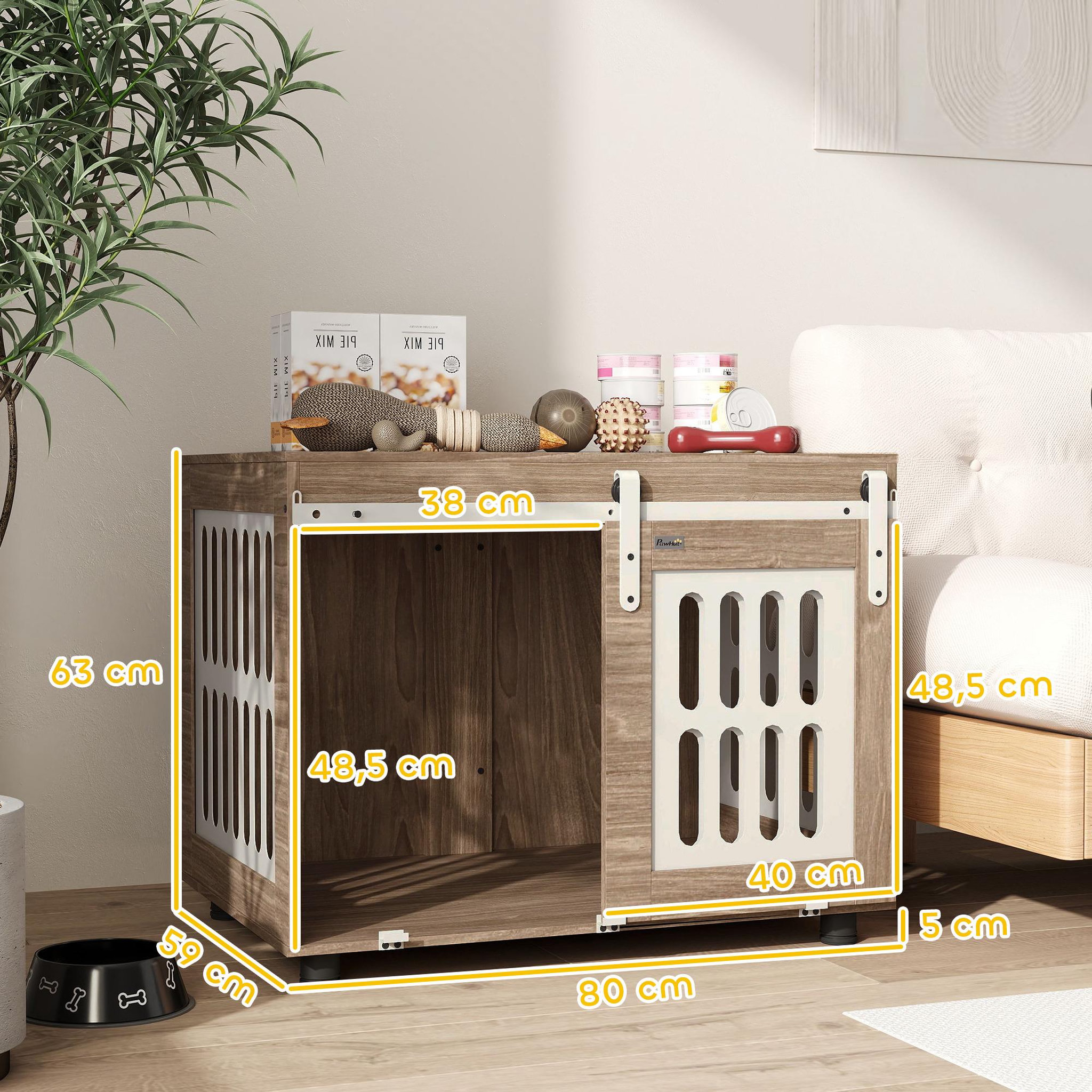 Voir la diapositive 3 : PAWHUT Cage pour chien en bois - porte coulissante verrouillable - dim. 80 x 59 x 63 cm - acier beige effet bois noyer