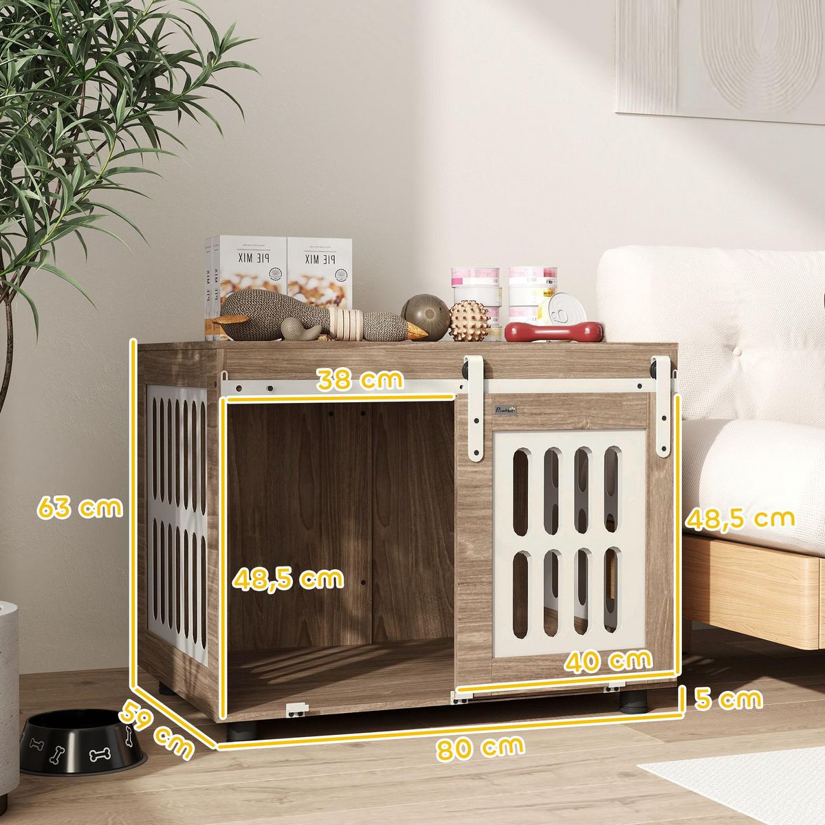 PAWHUT Cage pour chien en bois - porte coulissante verrouillable - dim. 80 x 59 x 63 cm - acier beige effet bois noyer