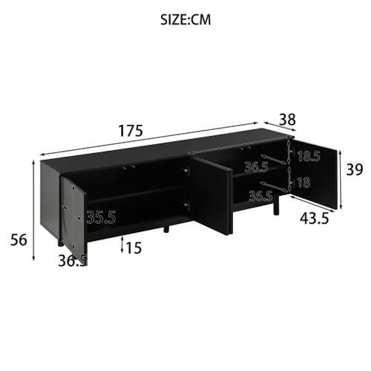 MERAX Meuble tv noir 175 cm mdf