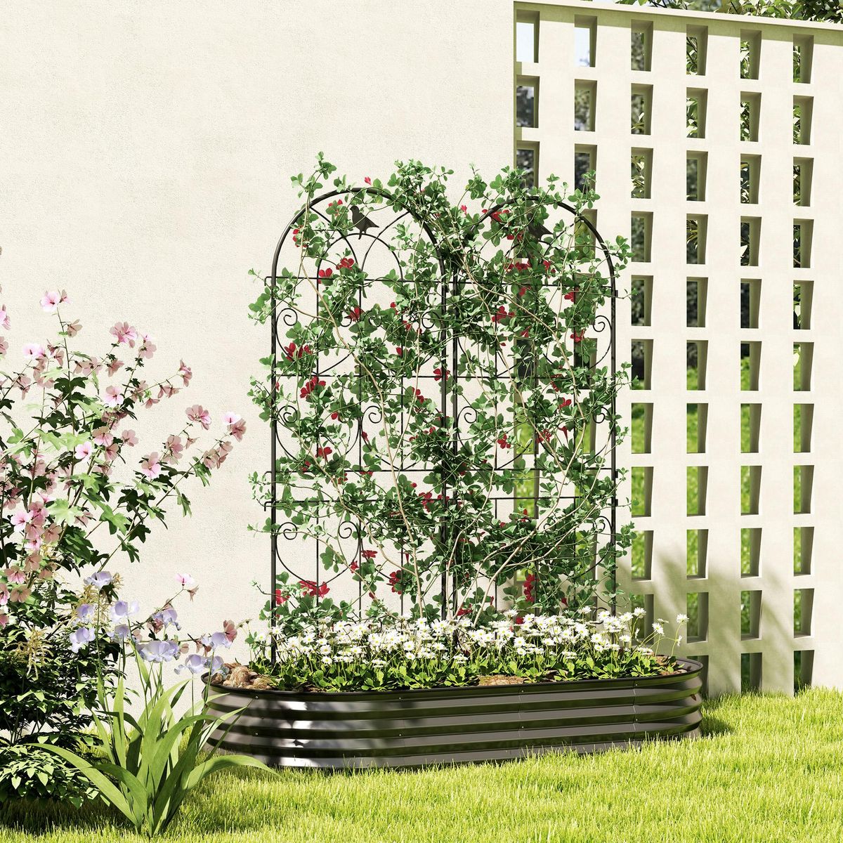OUTSUNNY Treillis de jardin effet fer forgé oiseau - 2 supports plantes grimpantes - 50 x 150 cm - métal époxy noir