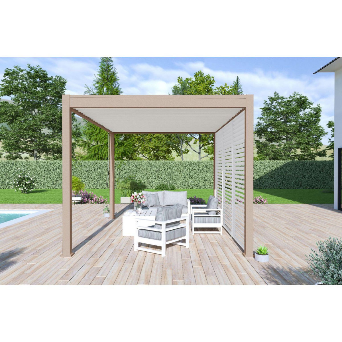Pergola Bioclimatique autoportée 3X4 m - Aluminium - Beige agate/blanc -  VS OmBREA®