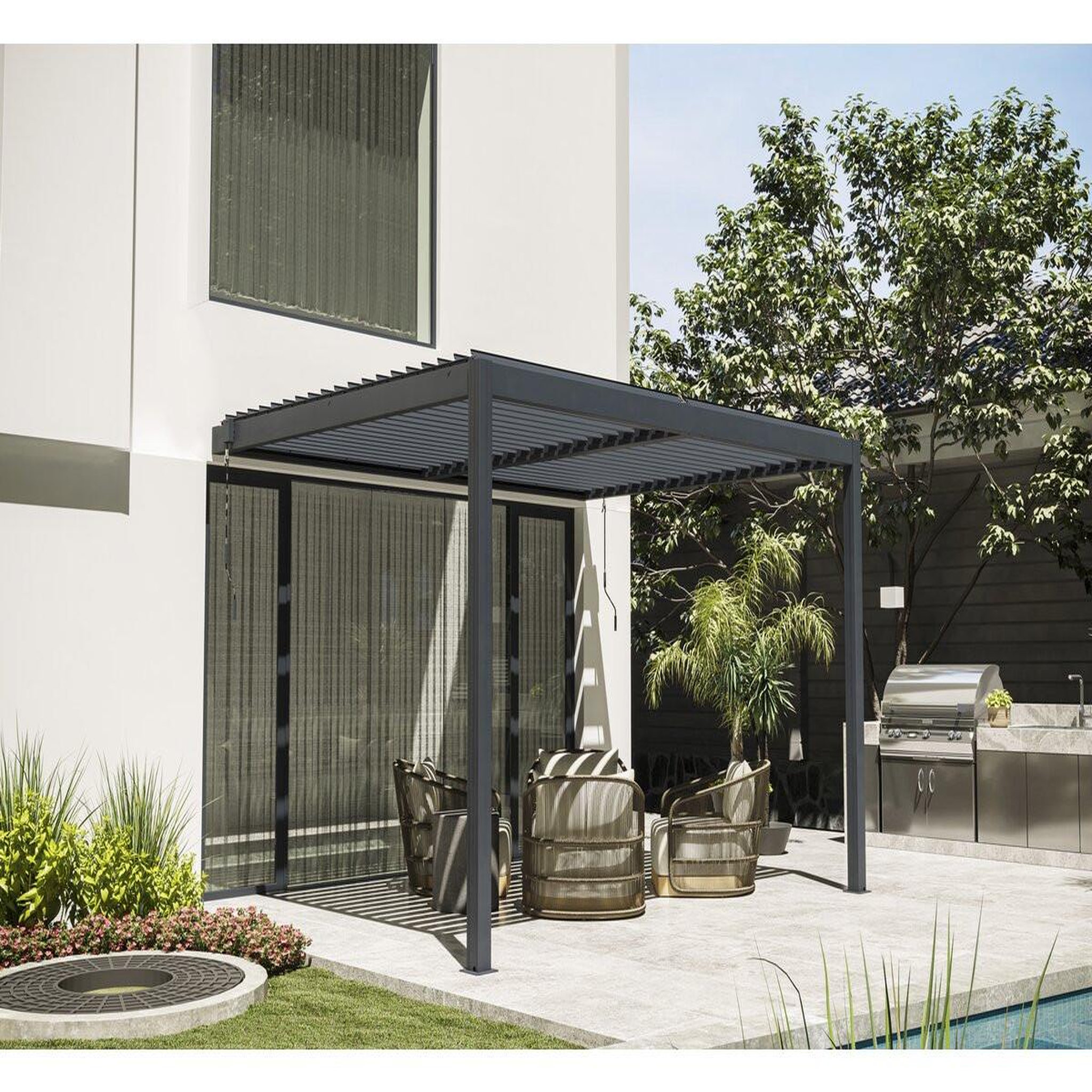 Voir la diapositive 2 : Habitat et Jardin Pergola bioclimatique adossée avec led  windsor  - 3 x 4 m - anthracite