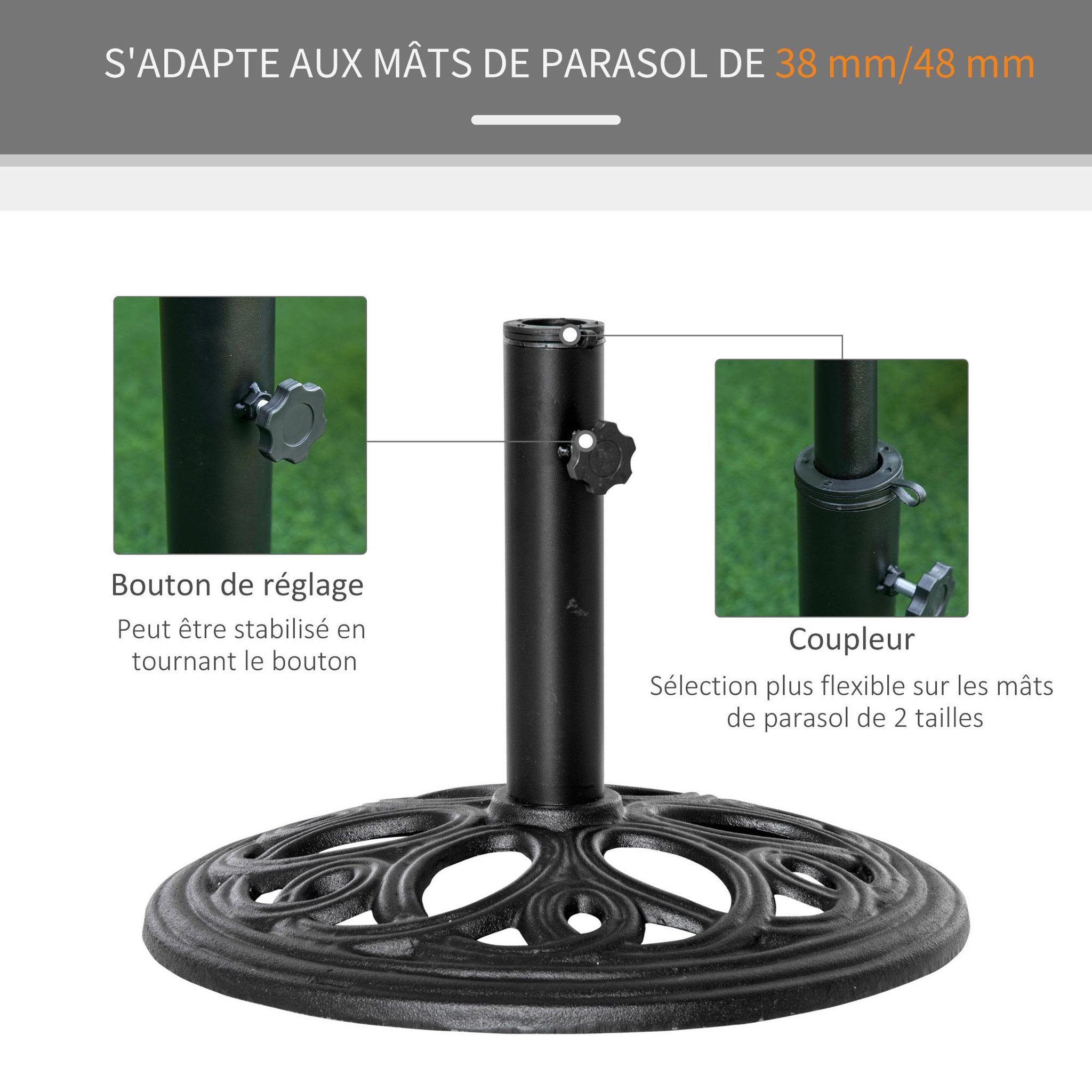Voir la diapositive 5 : OUTSUNNY Pied de parasol design rosace aspect fer forgé poids net 11,5 Kg dia. 45 cm fonte noir