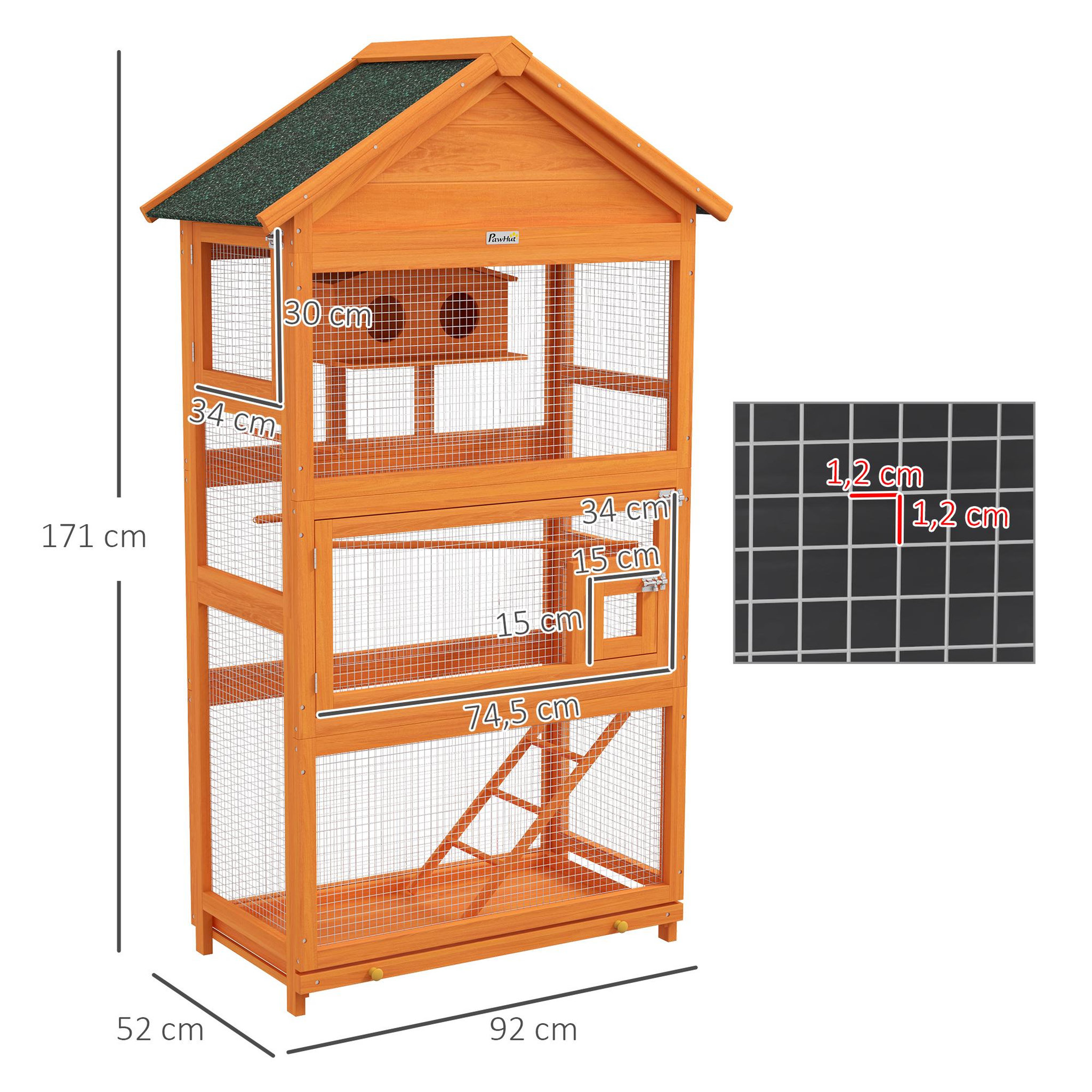 Voir la diapositive 3 : PAWHUT Cage à oiseaux volière grande taille 2 portes trappe toit asphalte tiroir amovible bois pré-huilé