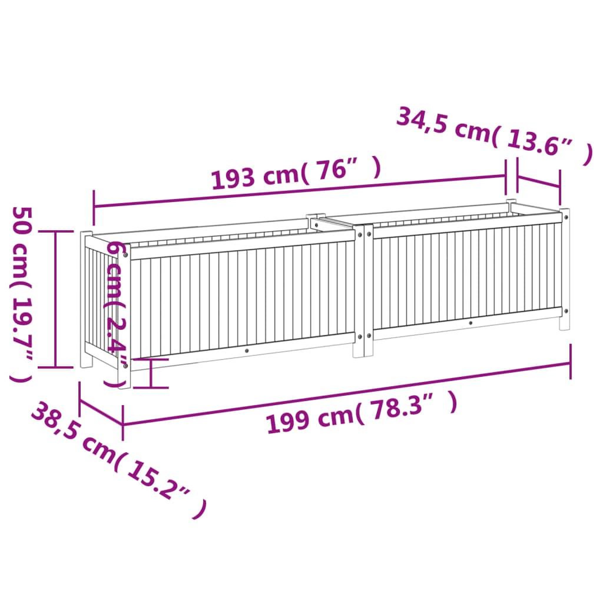Voir la diapositive 6 : VIDAXL Jardiniere avec doublure 199x38,5x50 cm bois massif d'acacia