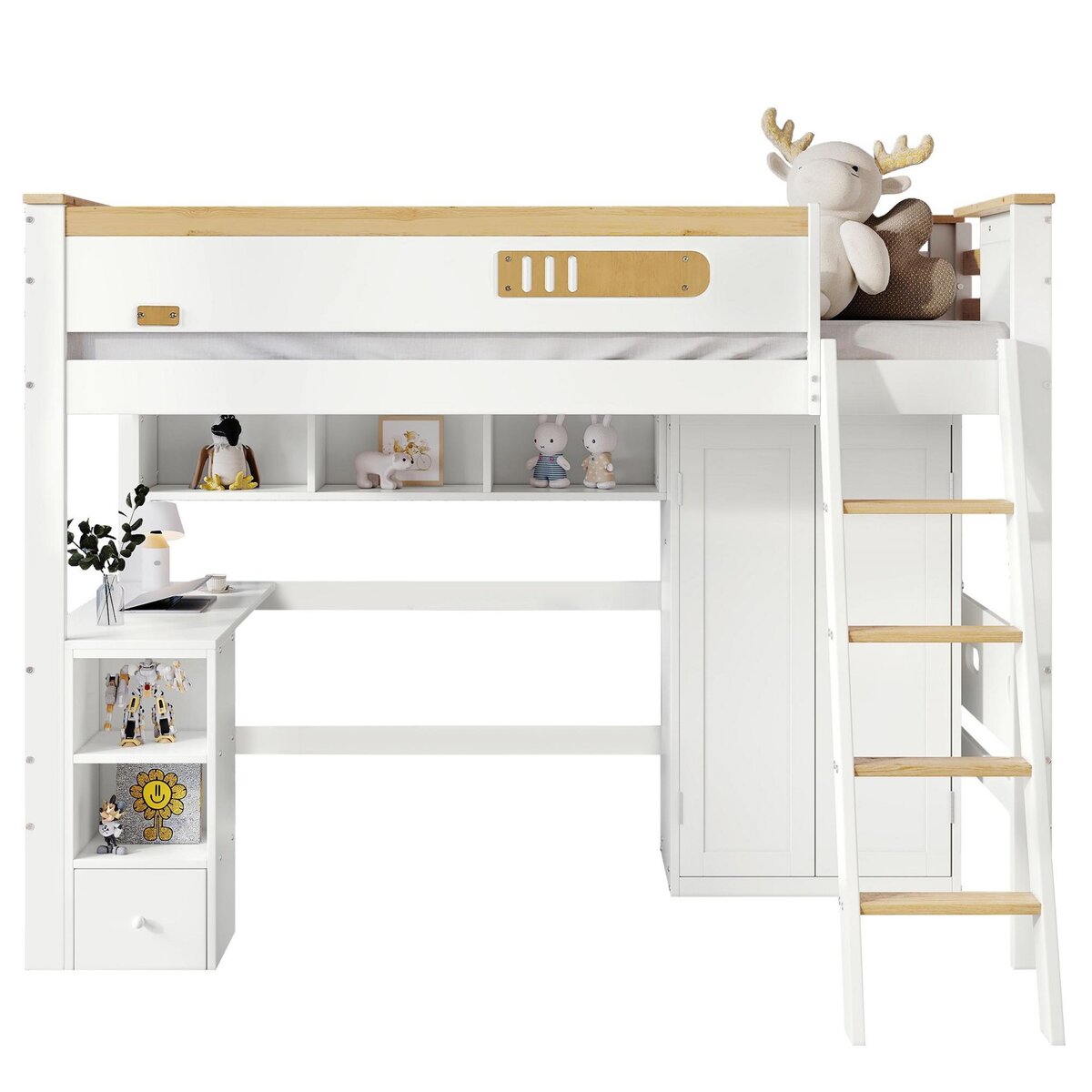 MERAX Lit combiné enfant 90x200cm bois et mdf coloris blanc+naturel