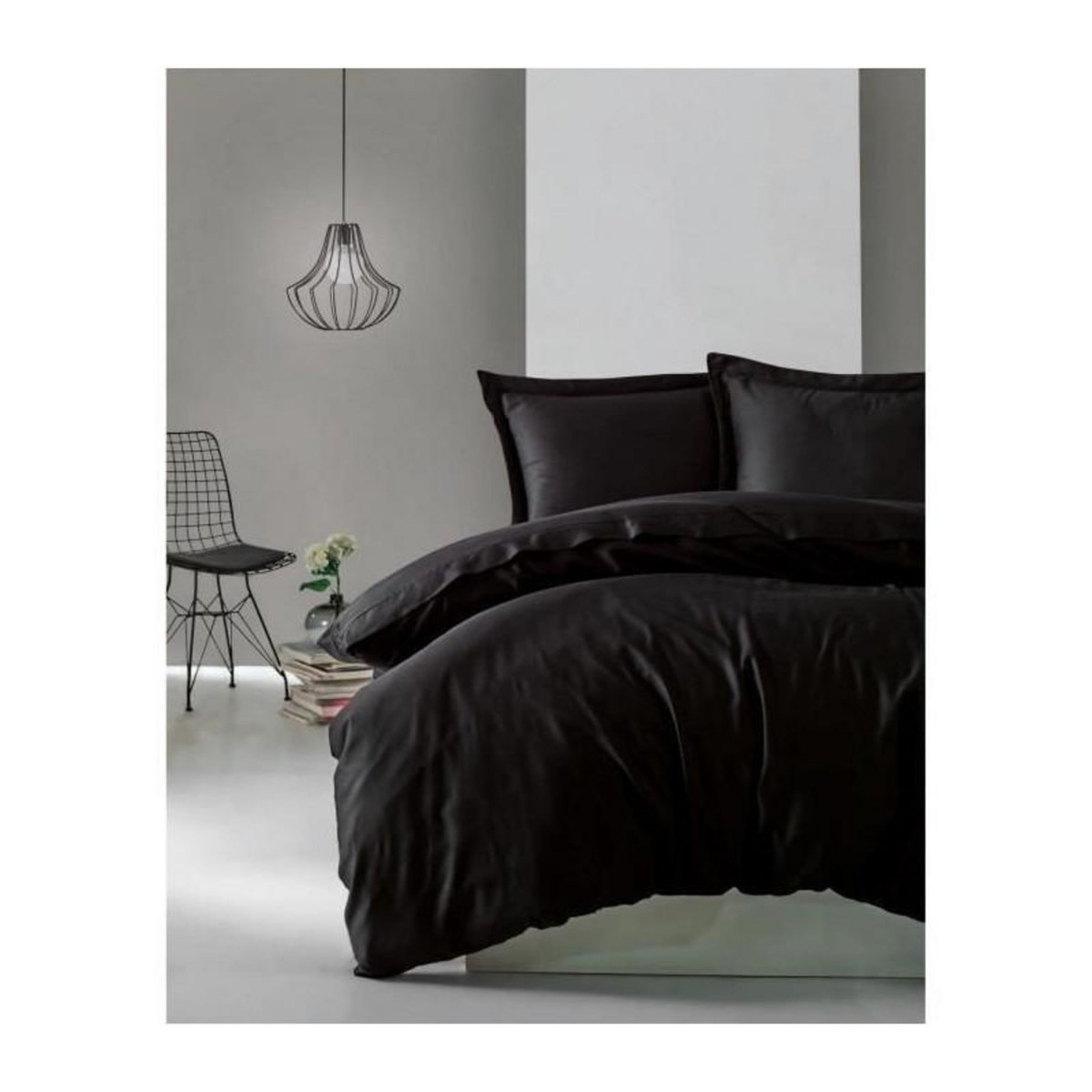 GENERIQUE Parure de lit - 129CTN63492 - 1 housse de couette 220 x 240 cm + 2 taies d'oreiller 60 x 60 cm - Satiné 100% coton - Noir