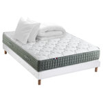 IDLITERIE Ensemble matelas Ressort 7 zones HYGGE + Sommier + couette + oreillers Fabriqué en France. Coloris disponibles : Noir, Gris, Bleu, Blanc