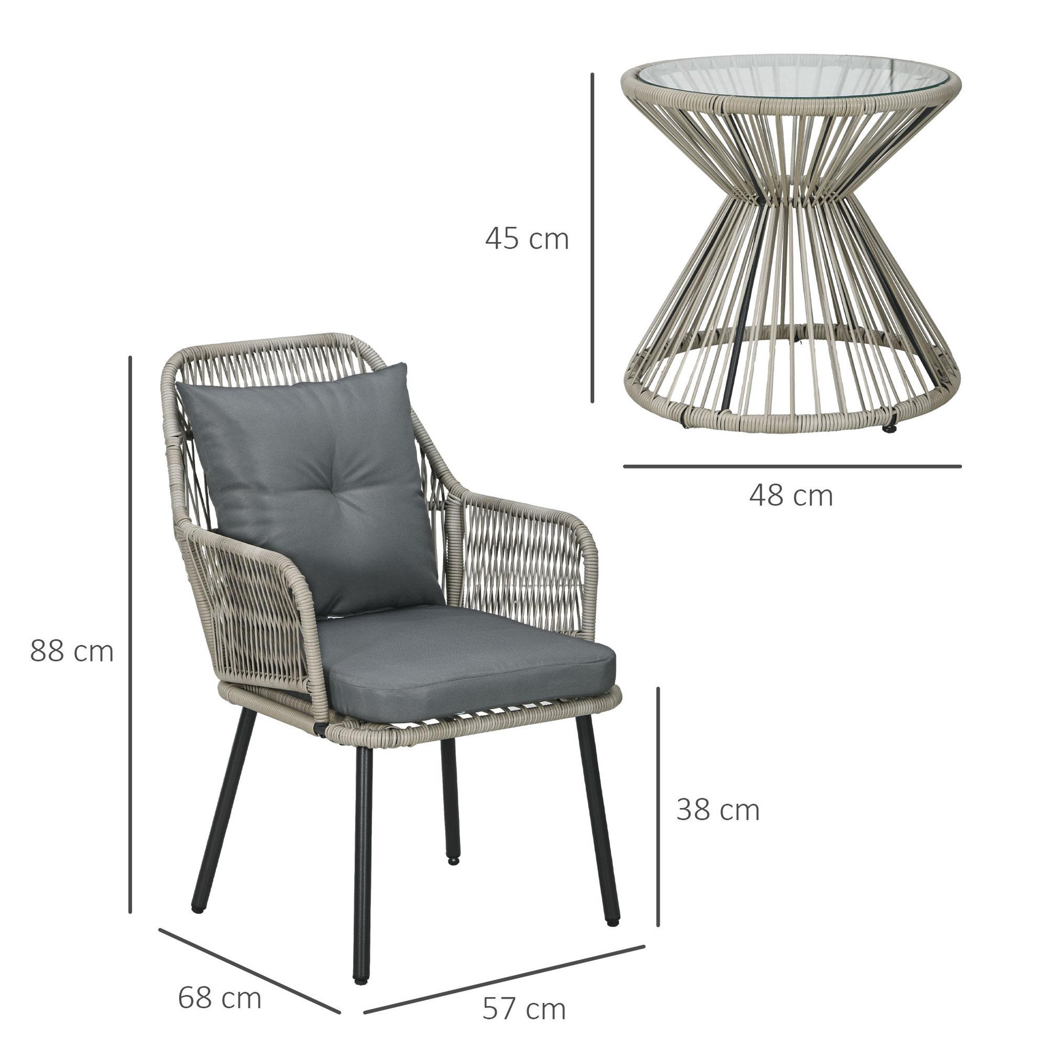 Voir la diapositive 3 : OUTSUNNY Ensemble salon de jardin 3 pièces style colonial 2 fauteuils coussins table basse acier époxy noir résine filaire gris