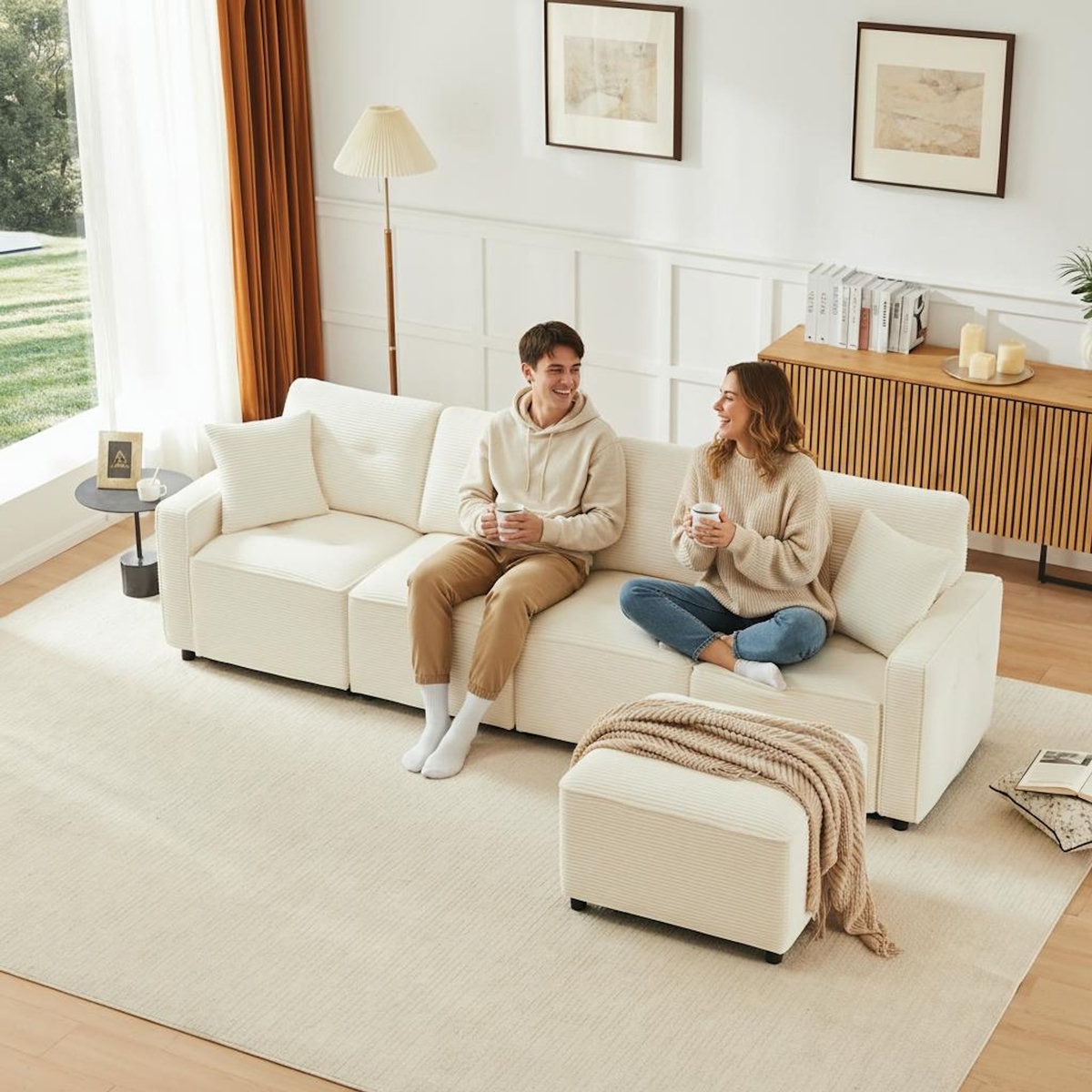 MERAX Canapé d'angle réversible fixe 4 places tissu coffre de rangement