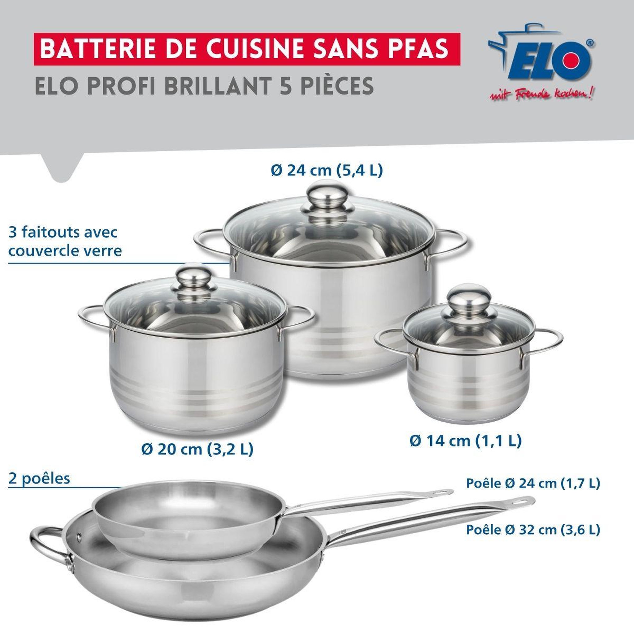 Voir la diapositive 2 : ELO Ensemble de 2 poêles de cuisson 24 et 32 cm et 3 faitouts 14, 20 et 24 cm elo profi brillant