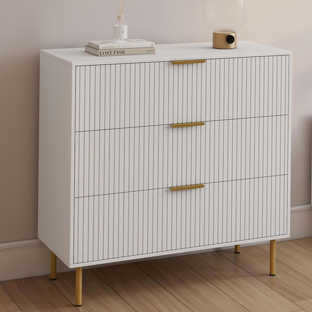 ID MARKET Commode 3 tiroirs MARCEL 80 cm lattes blanc et doré