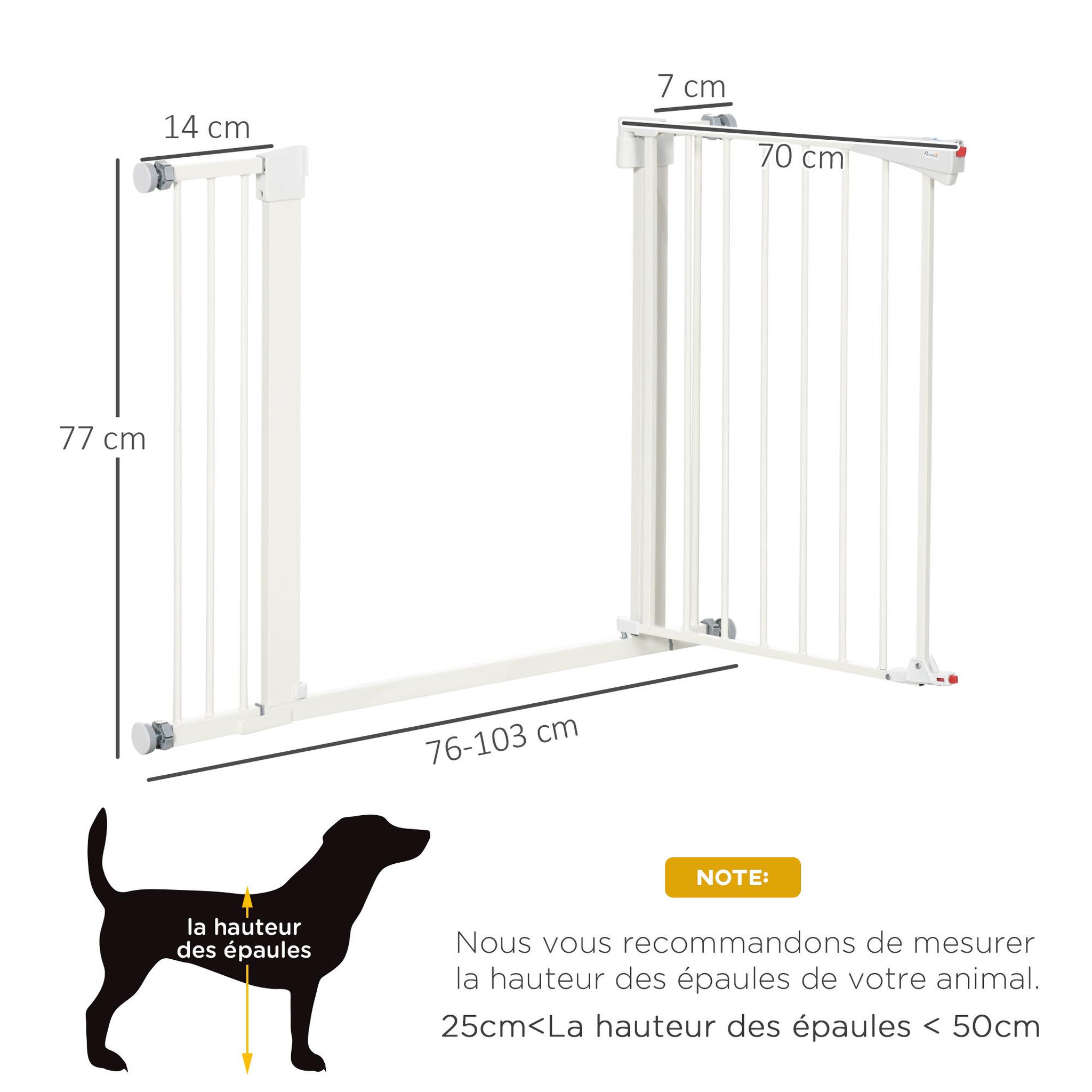 Voir la diapositive 3 : PAWHUT Barrière de sécurité animaux réglable 76-103l cm - porte 2 verrouillages, ouverture 2 sens - acier abs blanc
