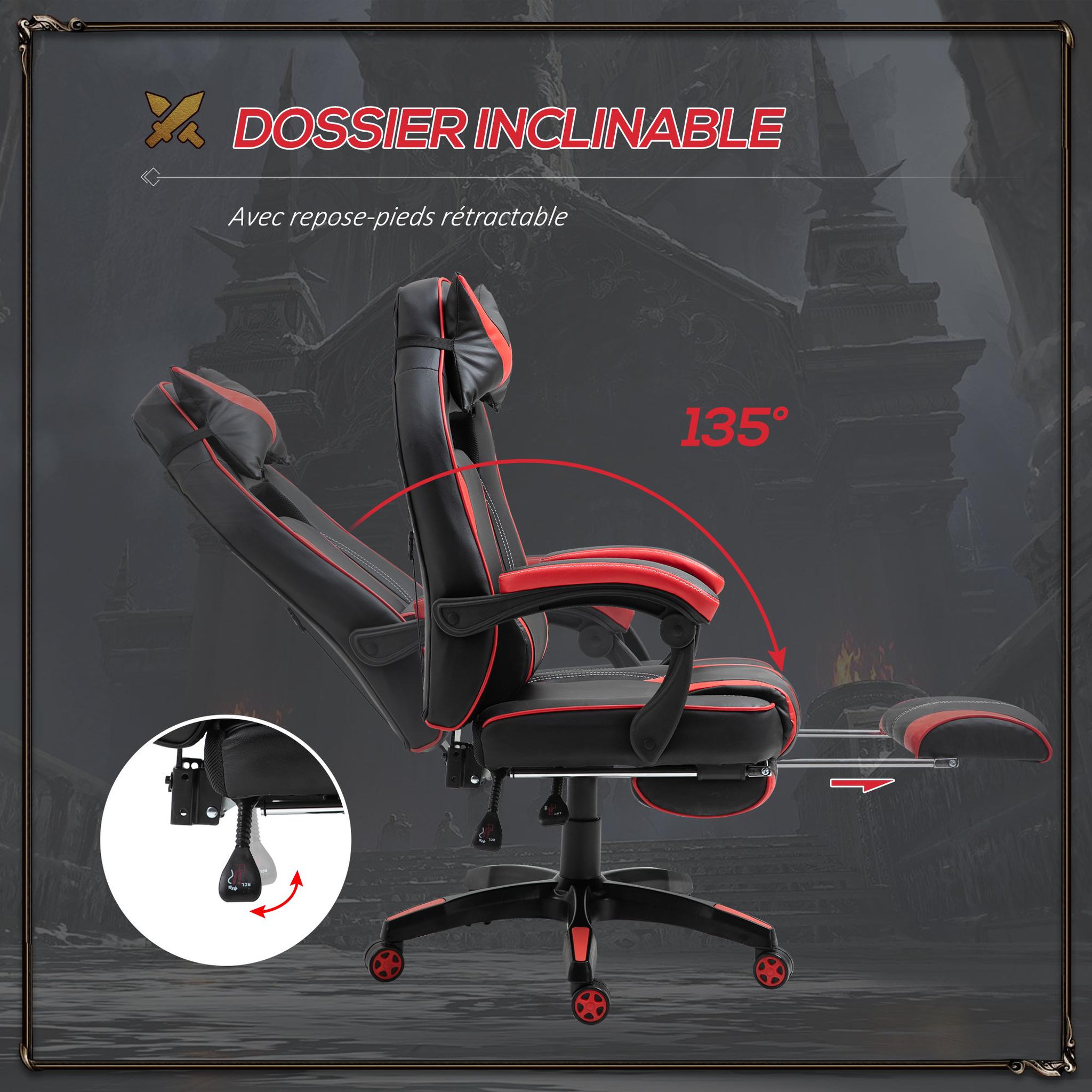 Voir la diapositive 5 : HOMCOM HOMCOM Fauteuil de bureau manager grand confort style baquet racing gamer pivotant inclinable avec coussins et repose-pieds revêtement synthétique noir rouge