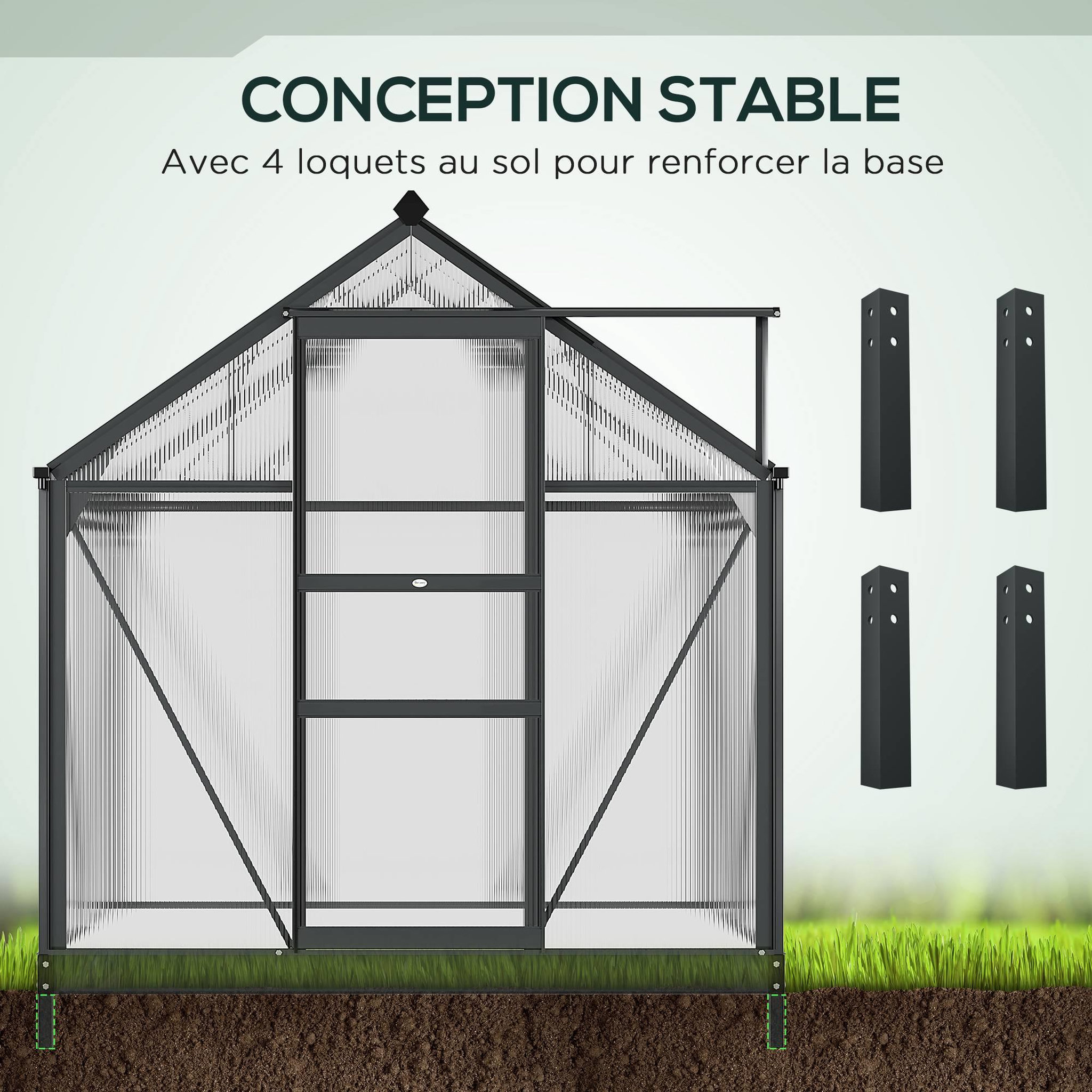Voir la diapositive 6 : OUTSUNNY Serre de jardin aluminium polycarbonate 2,51 m² dim. 1,9l x 1,32l x 2,01h m lucarne, porte coulissante + fondation incluse alu. Gris polycarbonate transparent