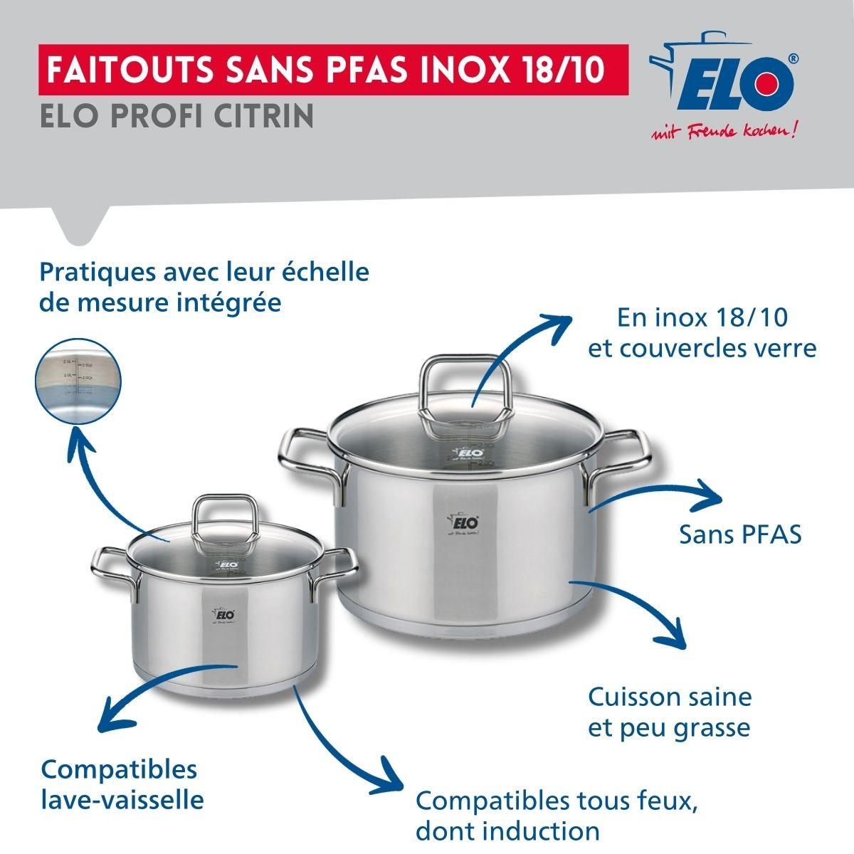 ELO Ensemble de 3 Poêles de cuisson 24, 28 et 32 cm et 2 faitouts 12 et 16 cm Elo Profi Citrin