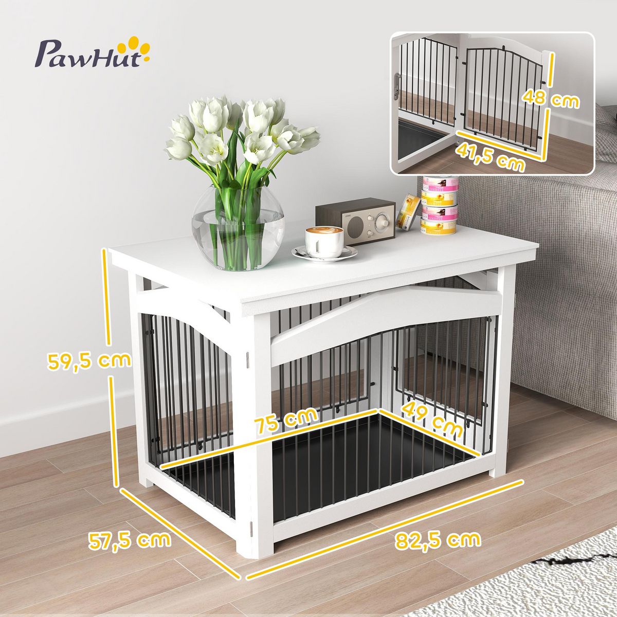 PAWHUT Cage barrière chien table basse d'appoint 3 en 1 plateau déjection amovible porte verrouillable acier MDF noir blanc