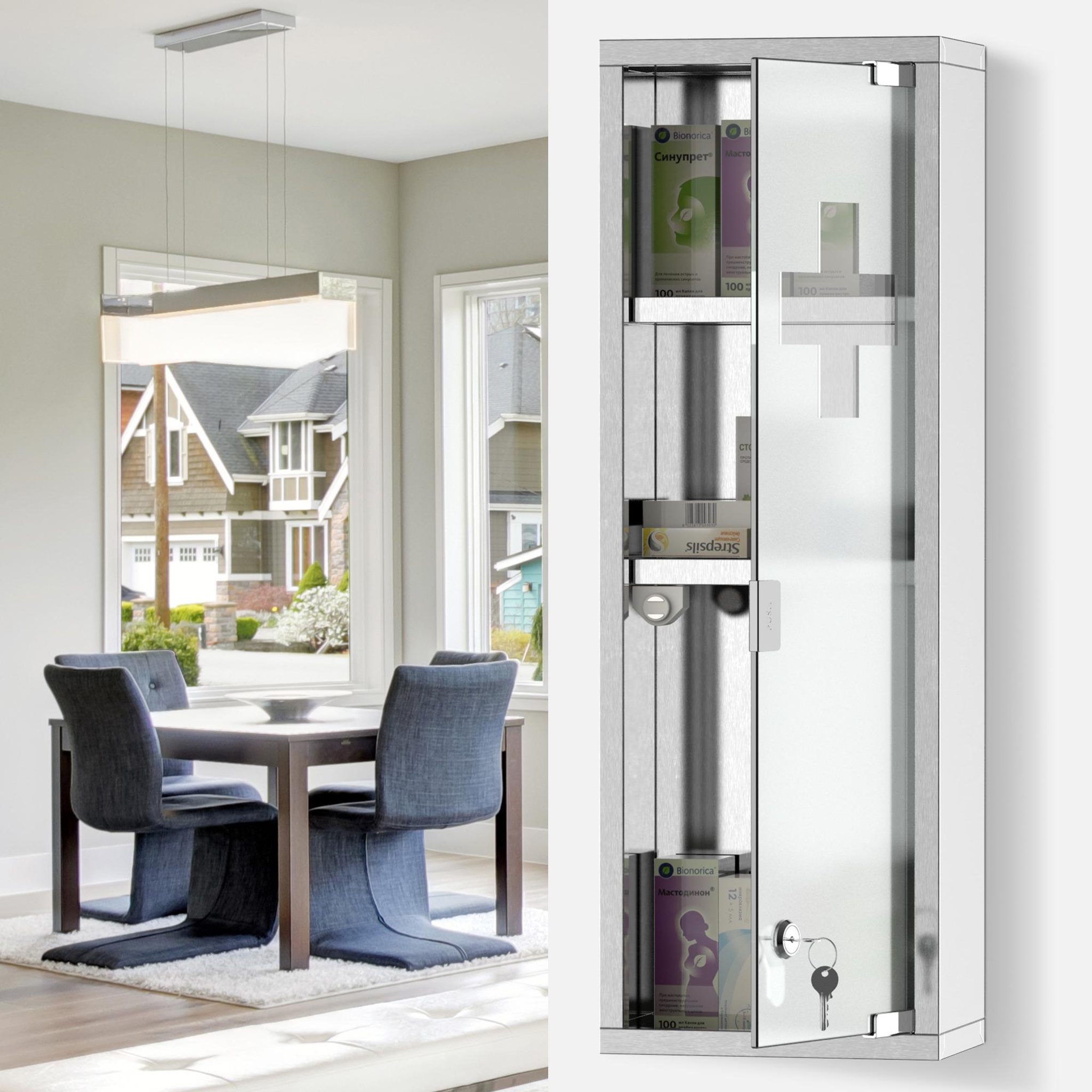 Voir la diapositive 2 : KLEANKIN Armoire à pharmacie 2 étagères 3 niveaux 20l x 12l x 58h cm porte verre trempé symbole croix acier inox.