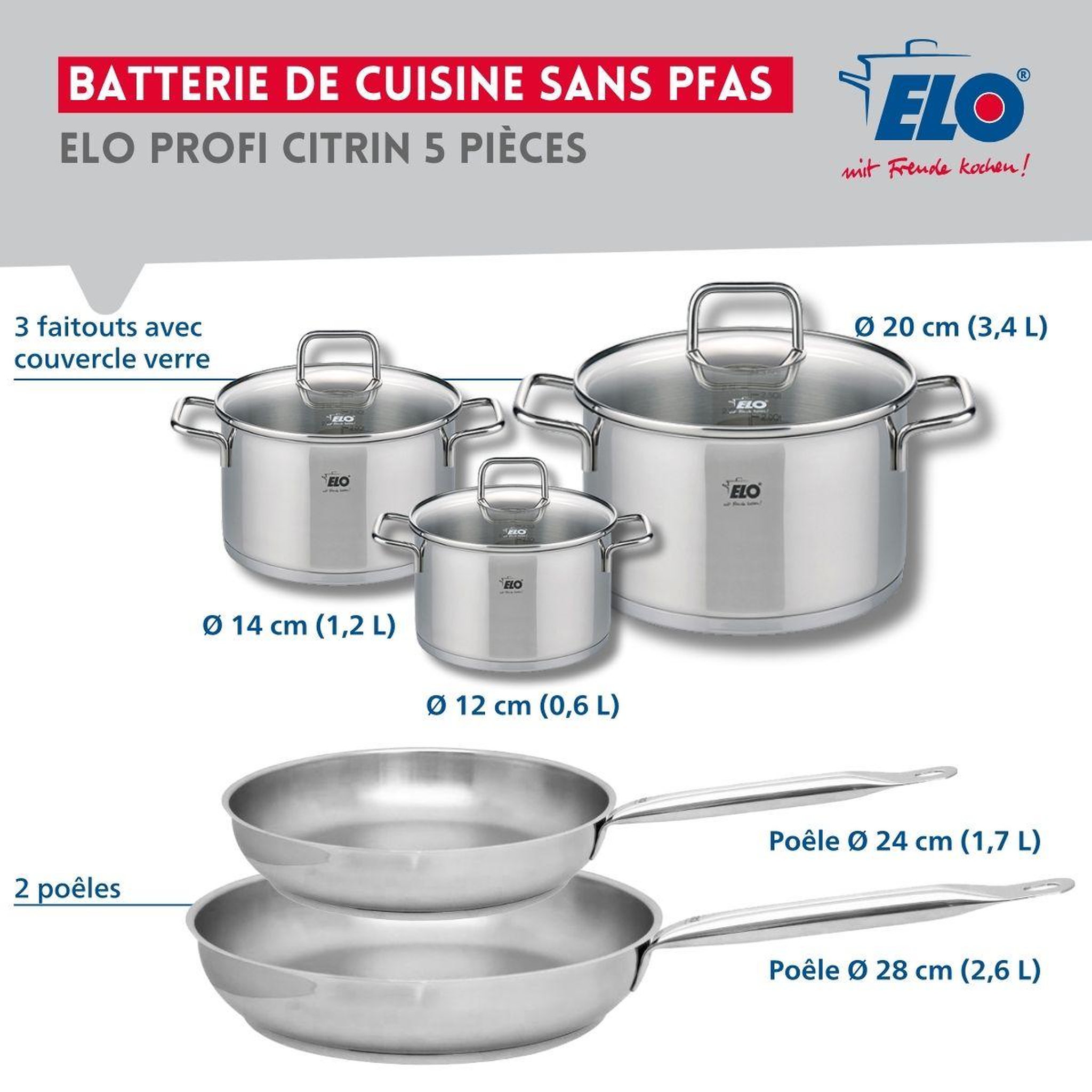 Voir la diapositive 2 : ELO Set de 2 poêles de cuisson 24 et 28 cm et 3 faitouts 12, 14 et 20 cm elo profi citrin