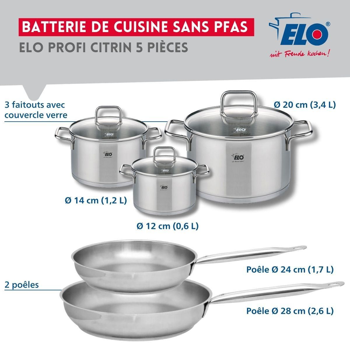 ELO Set de 2 Poêles de cuisson 24 et 28 cm et 3 faitouts 12, 14 et 20 cm Elo Profi Citrin