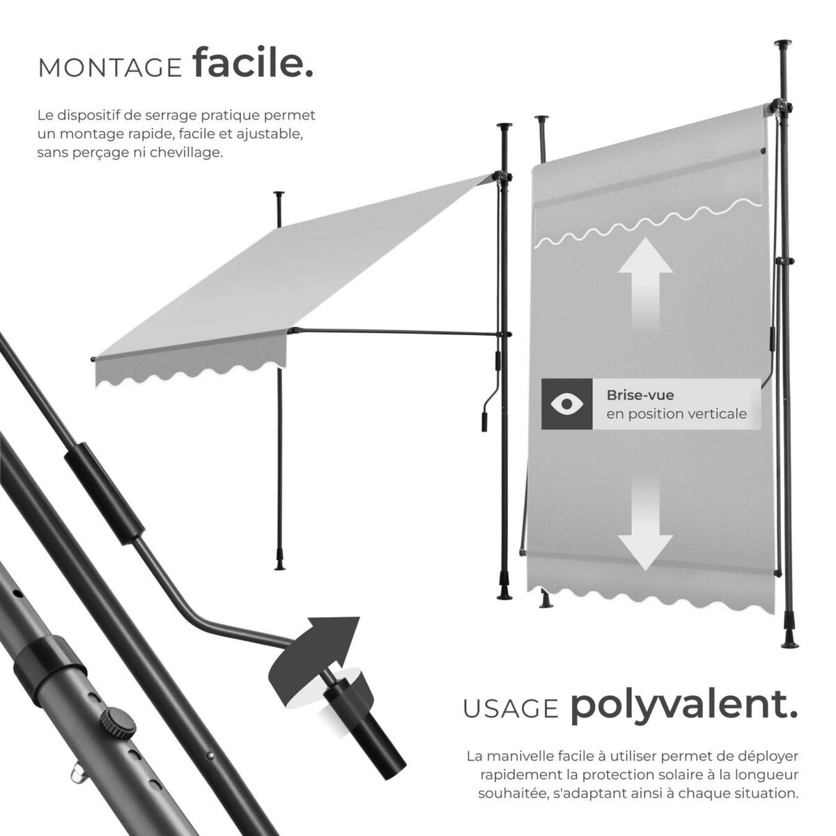 tectake Store à pince sans perçage avec manivelle gris clair 150 x 180 cm
