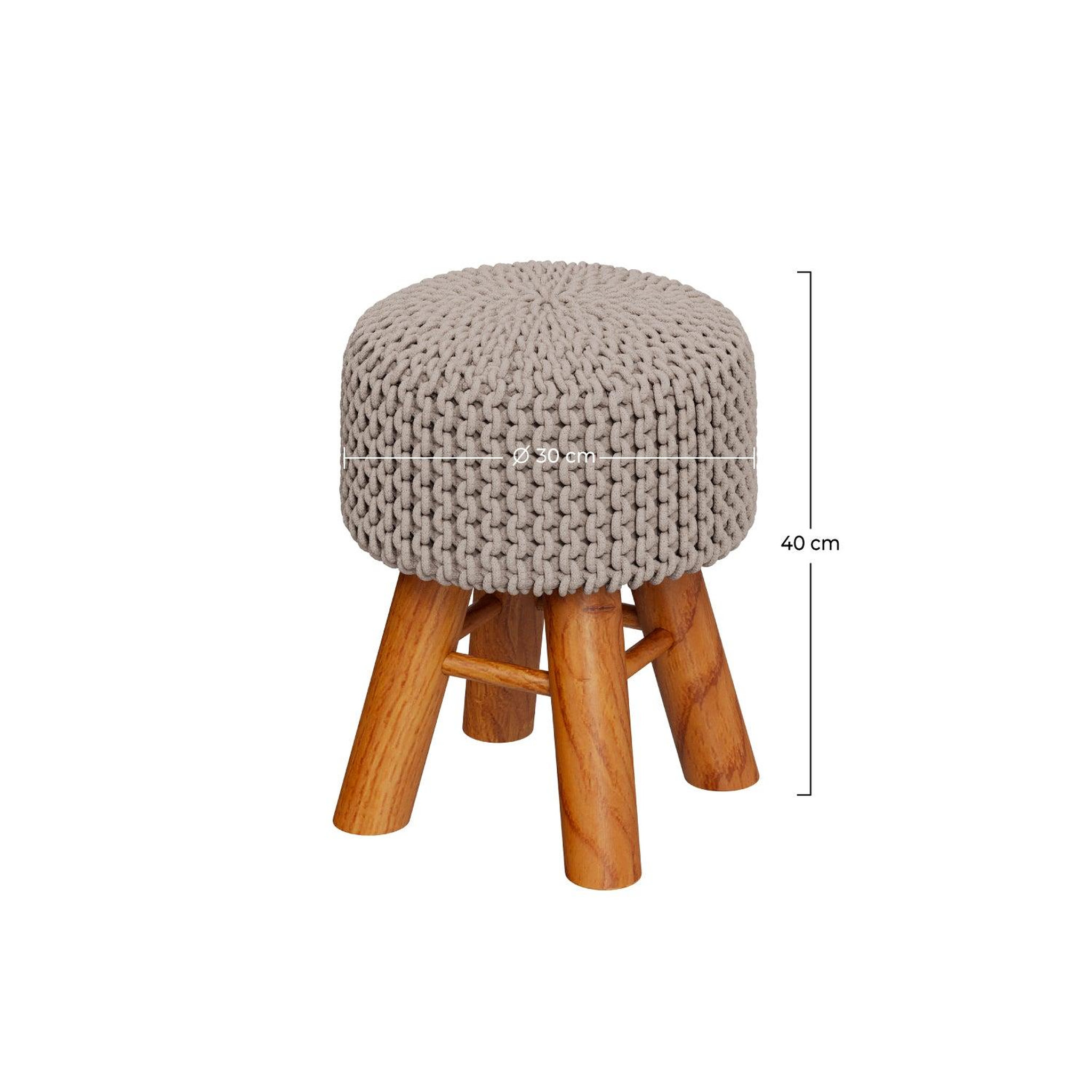 Voir la diapositive 4 : MAISON PAVANE Petit tabouret rond en tricot coton gris clair et pieds en bois-lisa
