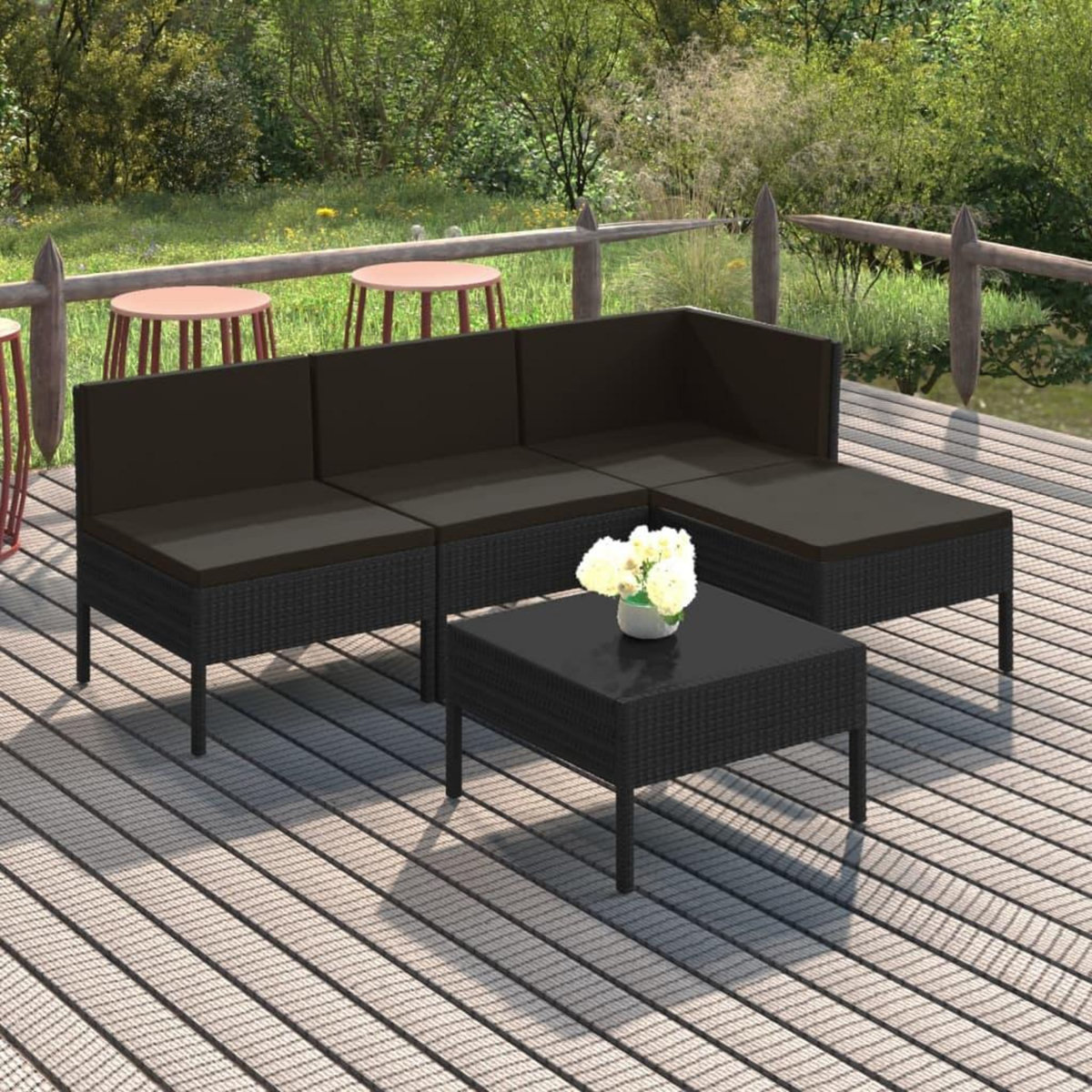 VIDAXL Salon de jardin 5 pcs avec coussins resine tressee noir